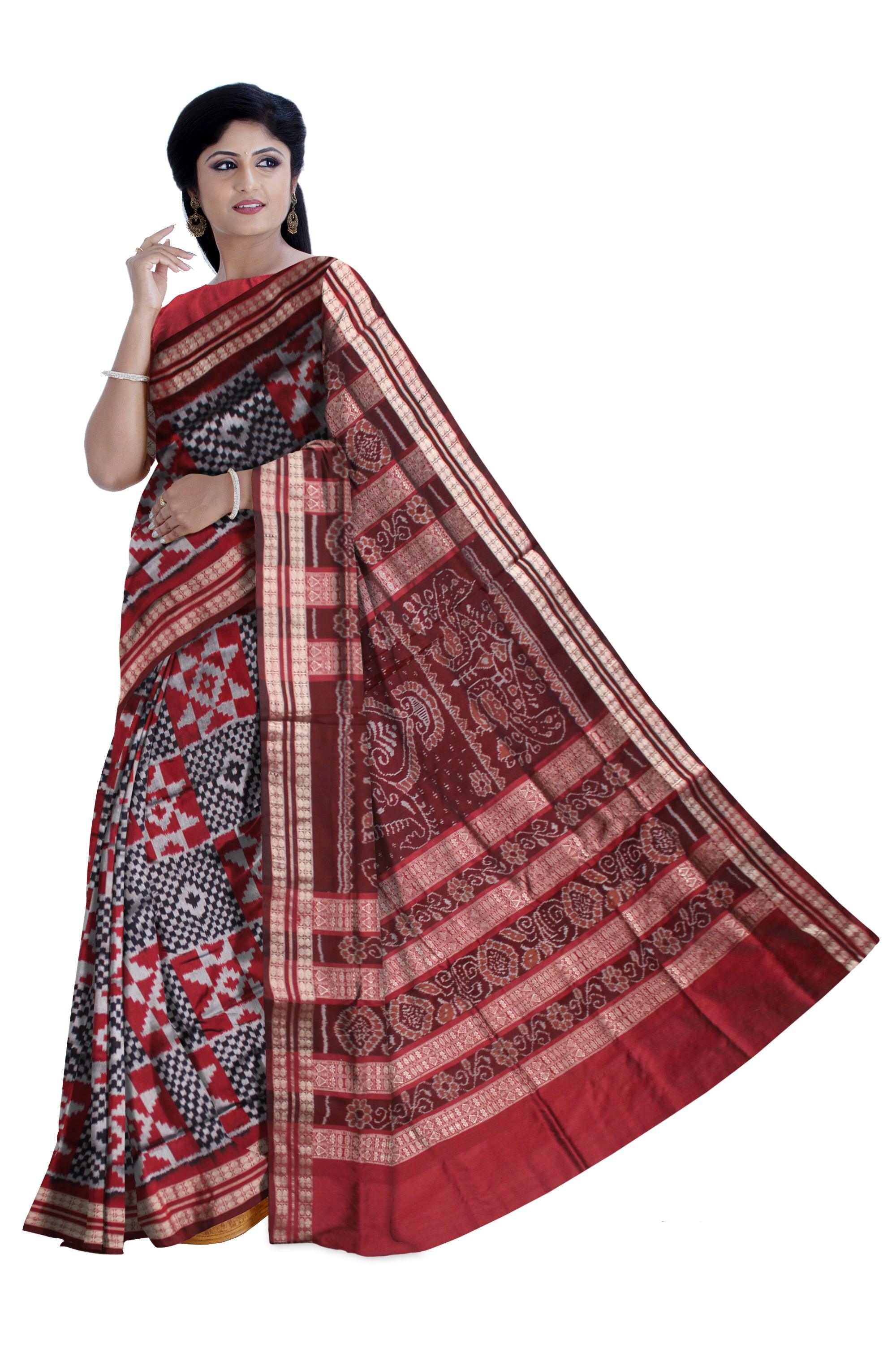 LATEST COLLECTION PATA SAREE IS SILVER WITH BLACK AND RED COLOR , WITH BLOUSE PIECE. - Koshali Arts & Crafts Enterprise
