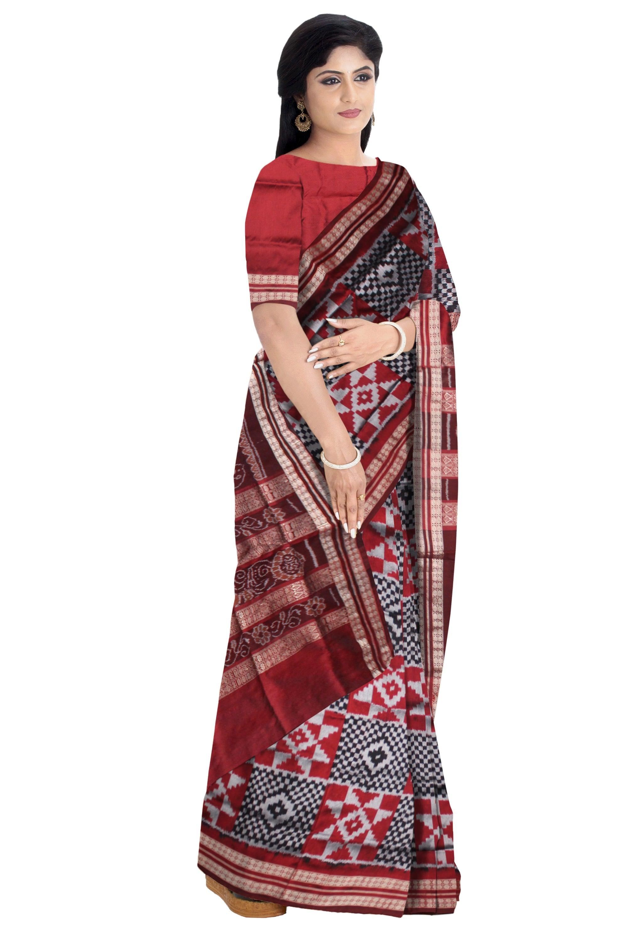 LATEST COLLECTION PATA SAREE IS SILVER WITH BLACK AND RED COLOR , WITH BLOUSE PIECE. - Koshali Arts & Crafts Enterprise