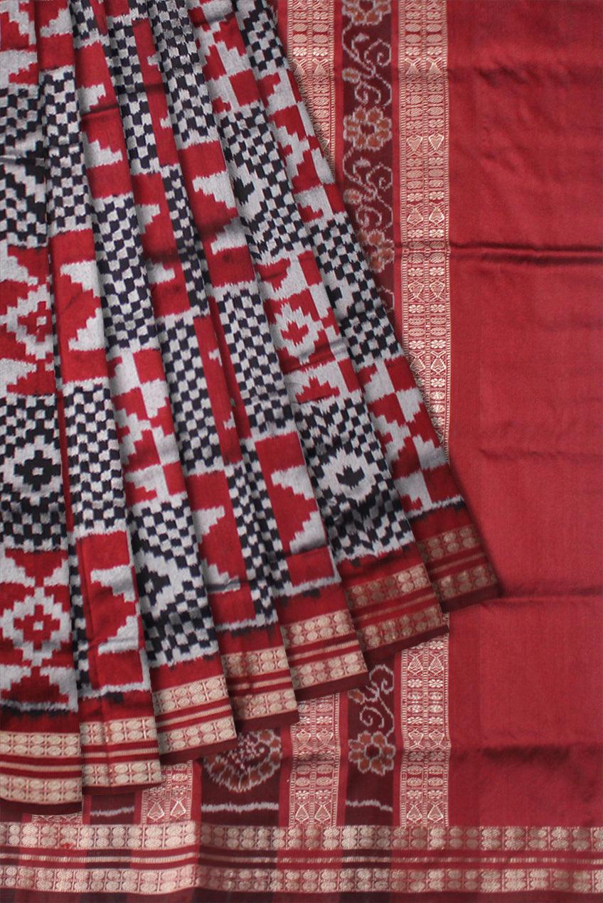 LATEST COLLECTION PATA SAREE IS SILVER WITH BLACK AND RED COLOR , WITH BLOUSE PIECE. - Koshali Arts & Crafts Enterprise