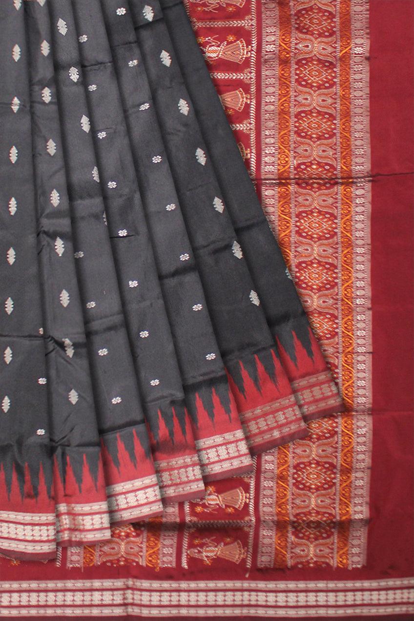 SMALL BOOTY PATTERN PATA SAREE IS BLACK AND MAROON COLOR BASE, PALLU IS DOLL PRINT. COMES WITH BLOUSE PIECE. - Koshali Arts & Crafts Enterprise