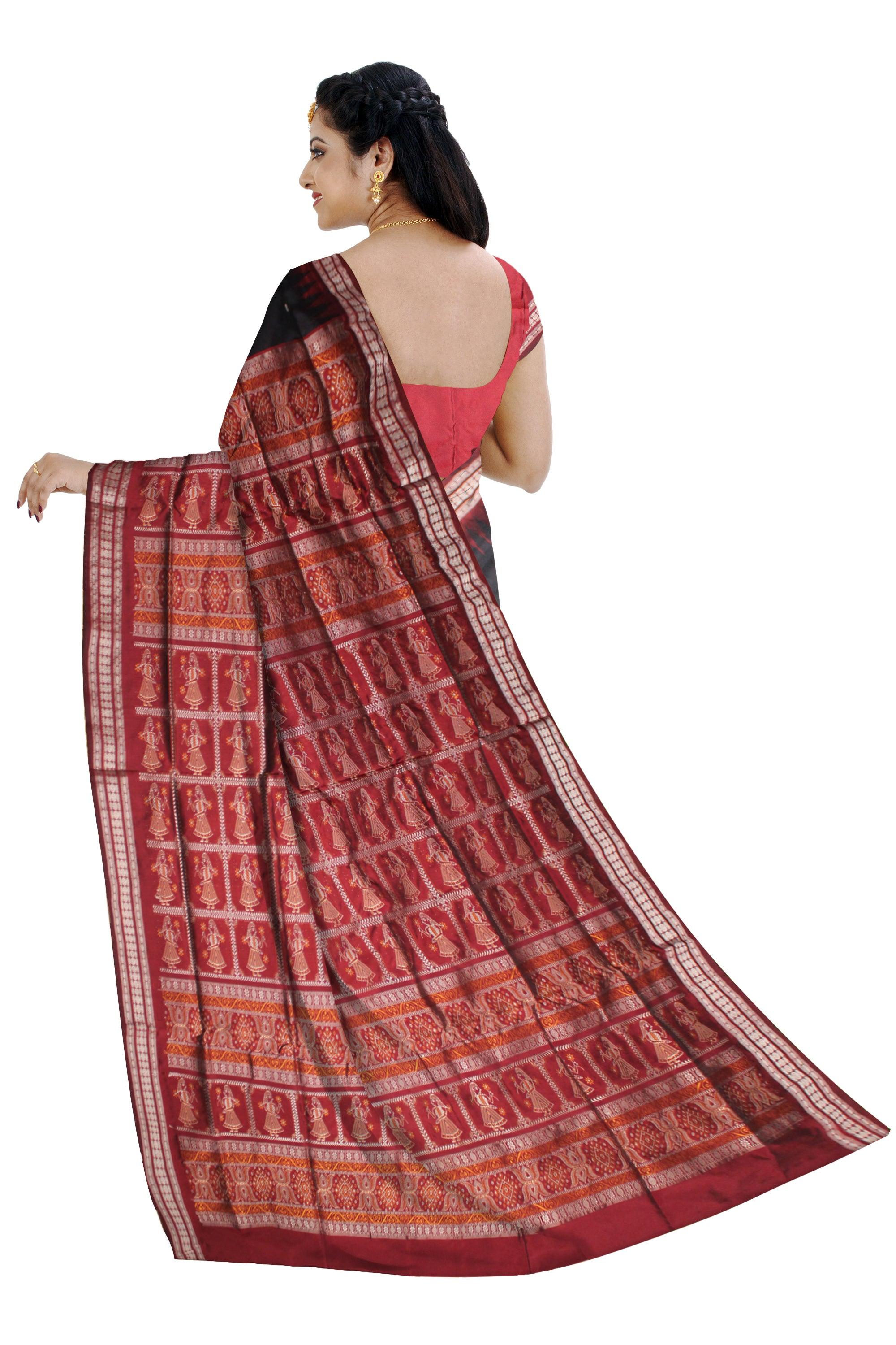 SMALL BOOTY PATTERN PATA SAREE IS BLACK AND MAROON COLOR BASE, PALLU IS DOLL PRINT. COMES WITH BLOUSE PIECE. - Koshali Arts & Crafts Enterprise
