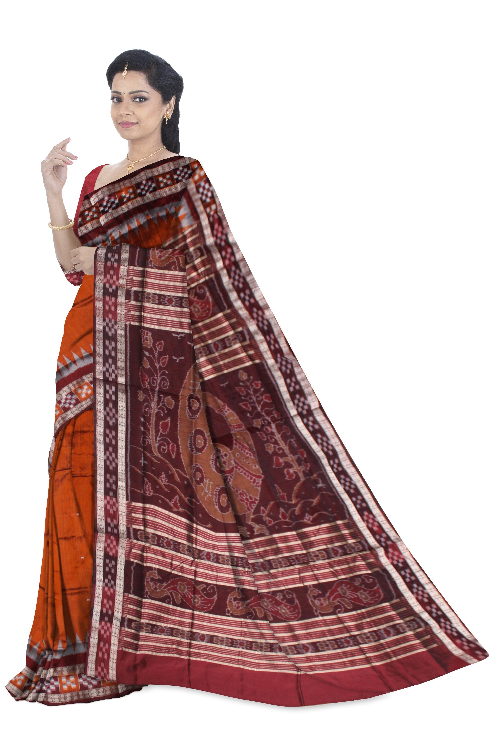 DARK ORANGE AND COFFEE COLOR DHADI SAPTA PATA SAREE, ATTACHED WITH BLOUSE PIECE. - Koshali Arts & Crafts Enterprise