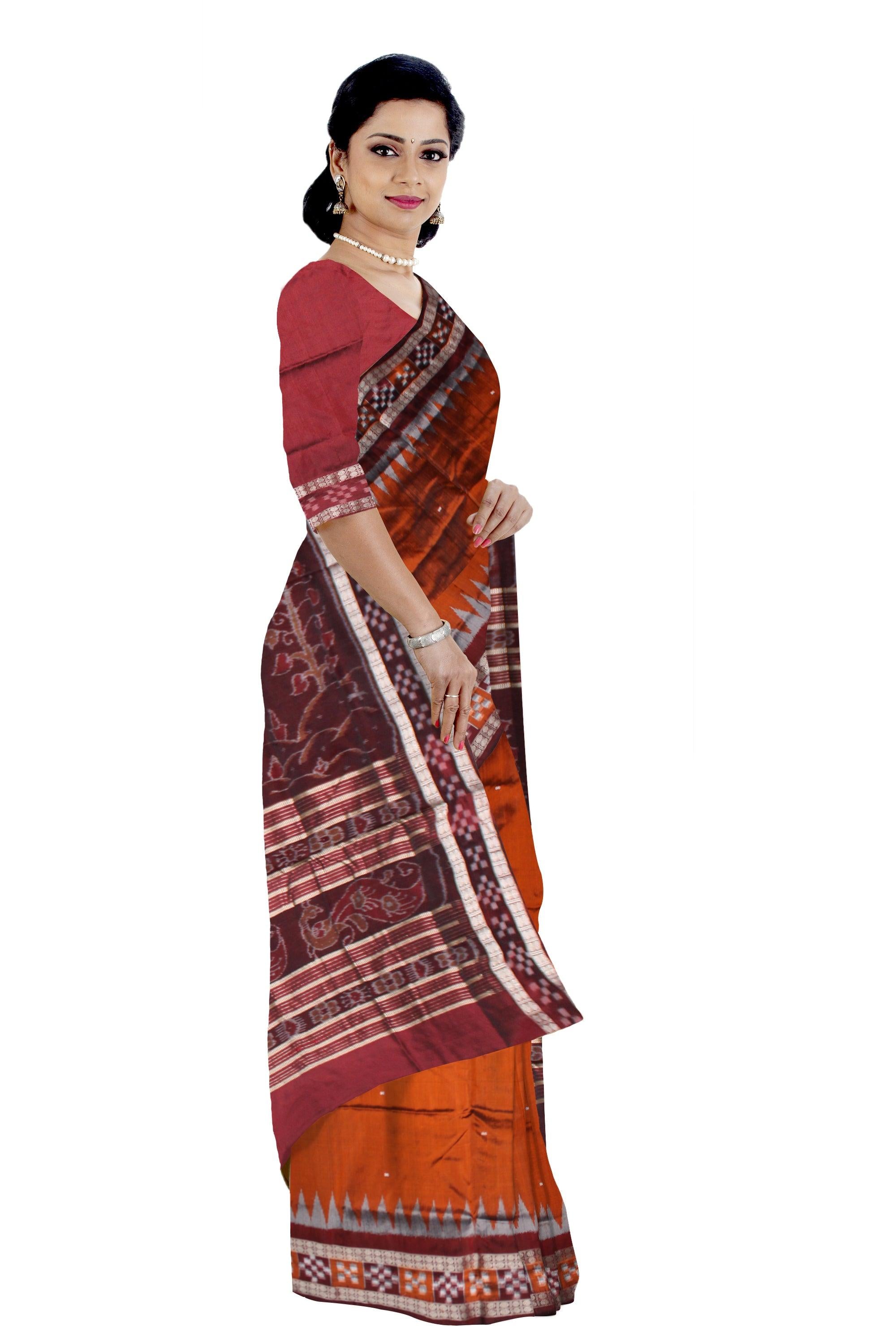 DARK ORANGE AND COFFEE COLOR DHADI SAPTA PATA SAREE, ATTACHED WITH BLOUSE PIECE. - Koshali Arts & Crafts Enterprise