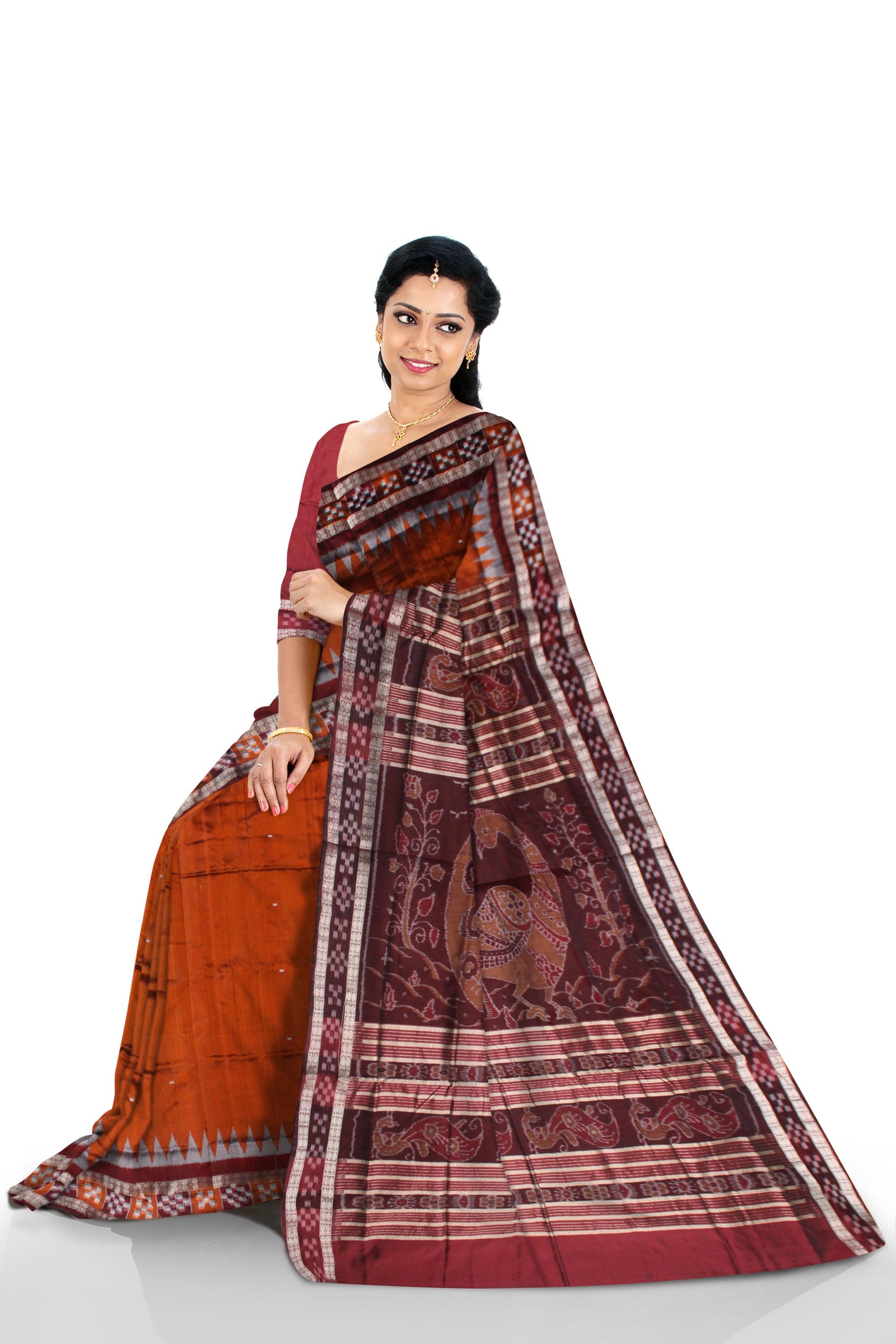 DARK ORANGE AND COFFEE COLOR DHADI SAPTA PATA SAREE, ATTACHED WITH BLOUSE PIECE. - Koshali Arts & Crafts Enterprise