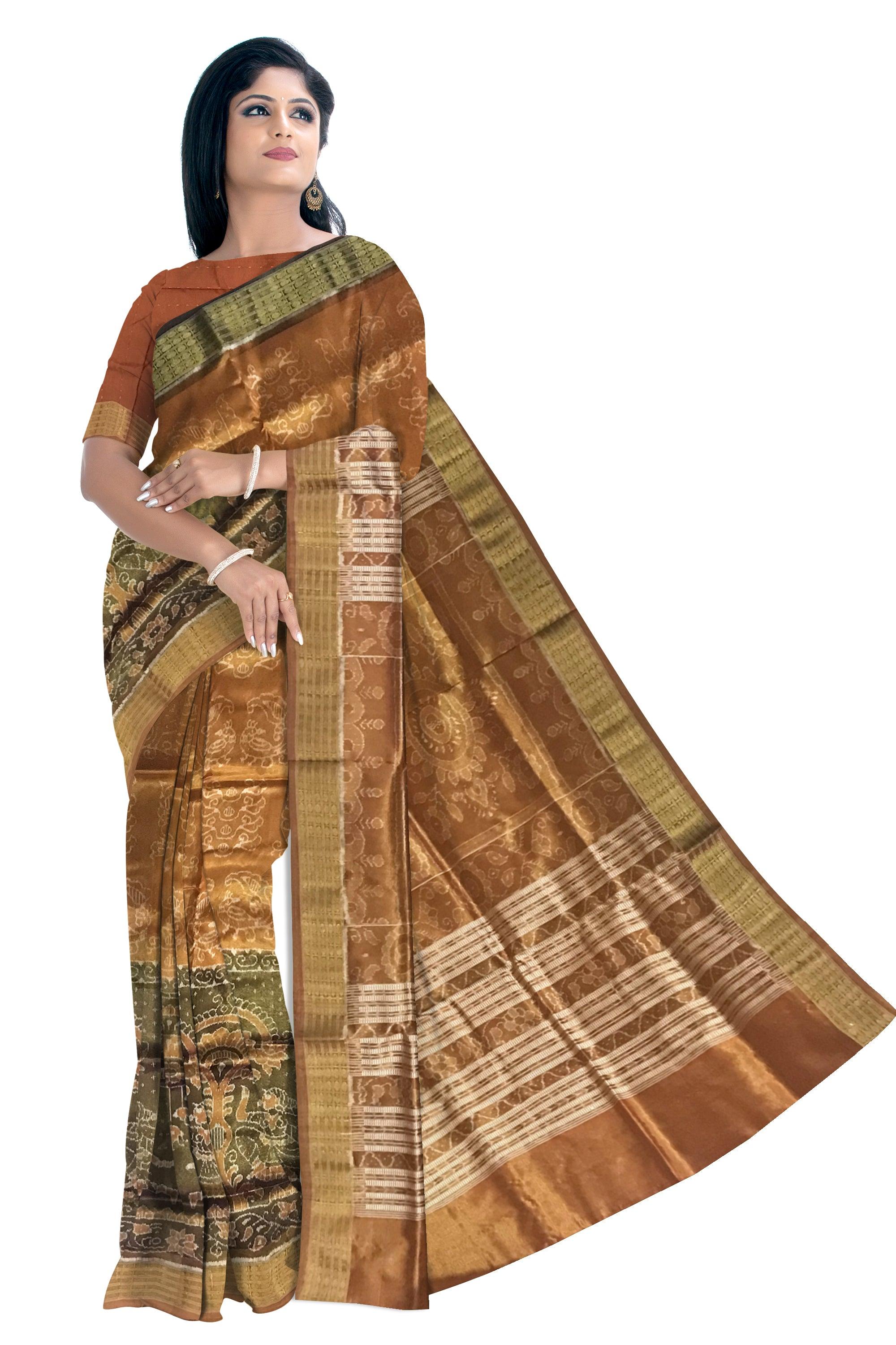 MARRAIGE COLLECTION DARKORANGE AND MEHENDI COLOR TISSUE SILK SAREE, ATTACHED WITH BLOUSE PIECE. - Koshali Arts & Crafts Enterprise