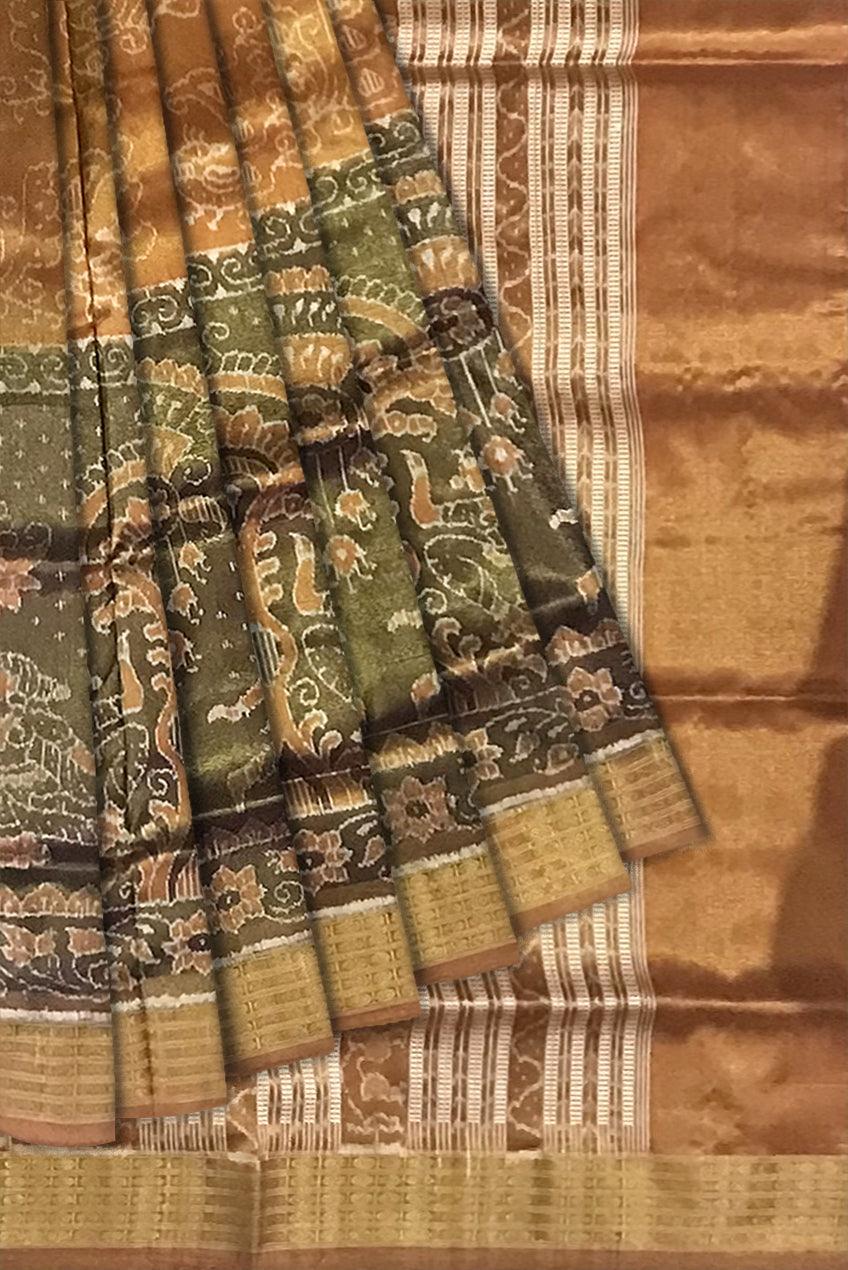 MARRAIGE COLLECTION DARKORANGE AND MEHENDI COLOR TISSUE SILK SAREE, ATTACHED WITH BLOUSE PIECE. - Koshali Arts & Crafts Enterprise