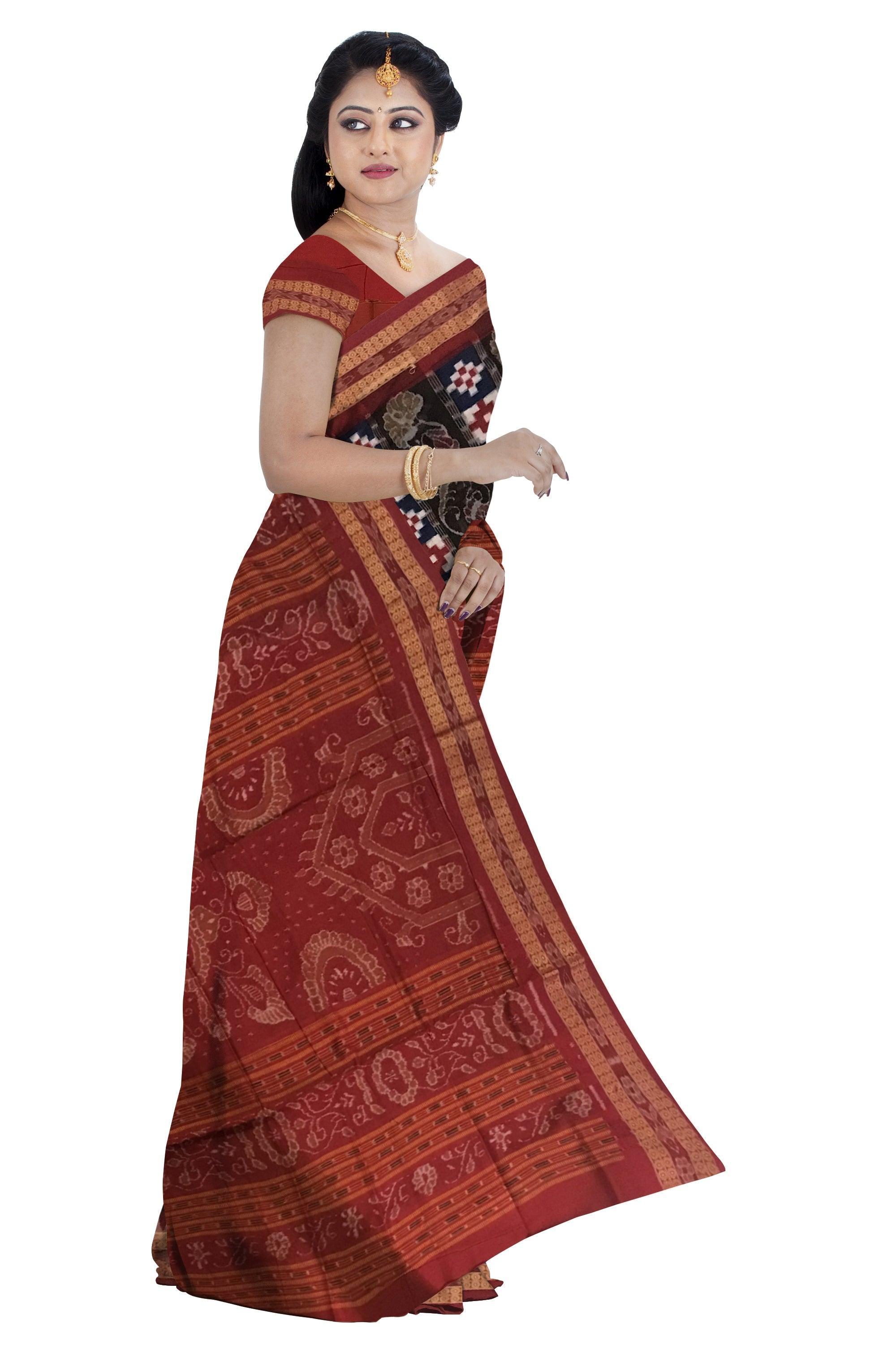 SHANKHA WITH PASAPALI PATTERN COTTON SAREE IS BLACK COLOR BASE, ATTACHED WITH BLOUSE PIECE. - Koshali Arts & Crafts Enterprise