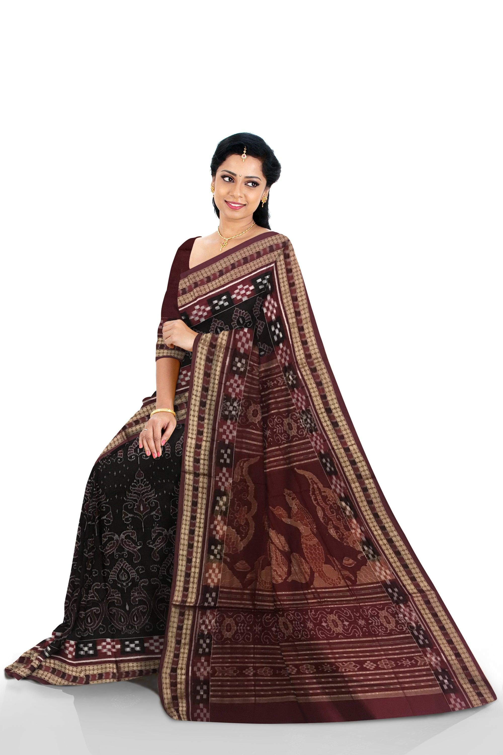 DHADI PASAPALI PATTERN COTTON SAREE IS BLACK AND COFFEE COLOR BASE, COMES WITH BLOUSE PIECE. - Koshali Arts & Crafts Enterprise