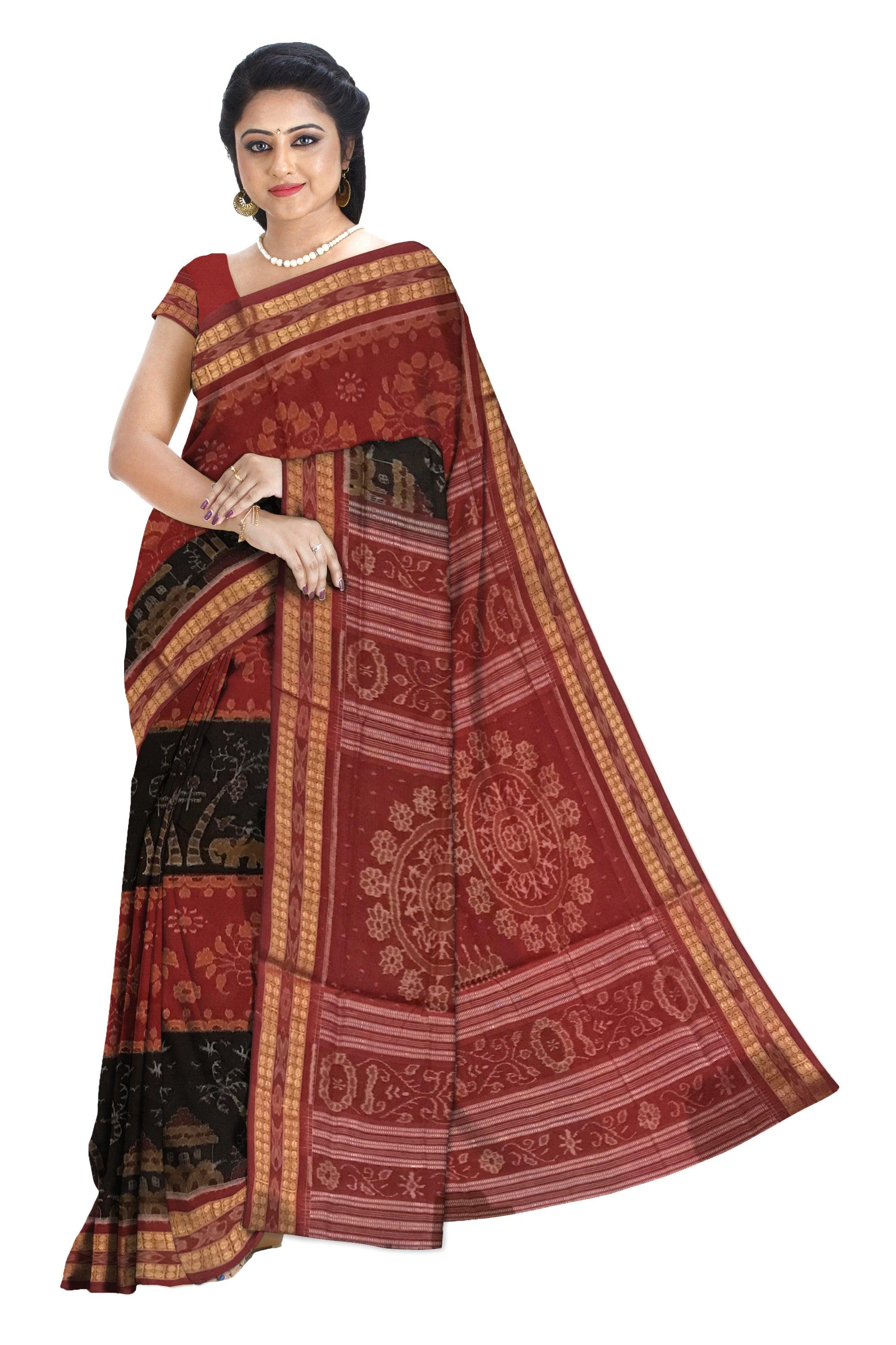 TRADITIONAL VILLAGE PATERN SAMBALPURI COTTON SAREE IS MAROON AND BLACK COLOR BASE, ATTACHED WITH BLOUSE PIECE. - Koshali Arts & Crafts Enterprise