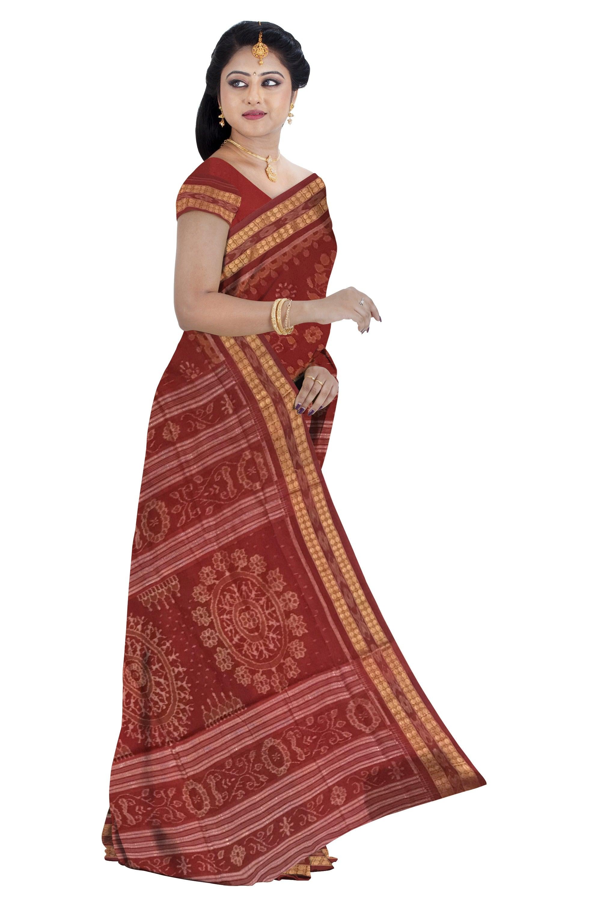 TRADITIONAL VILLAGE PATERN SAMBALPURI COTTON SAREE IS MAROON AND BLACK COLOR BASE, ATTACHED WITH BLOUSE PIECE. - Koshali Arts & Crafts Enterprise