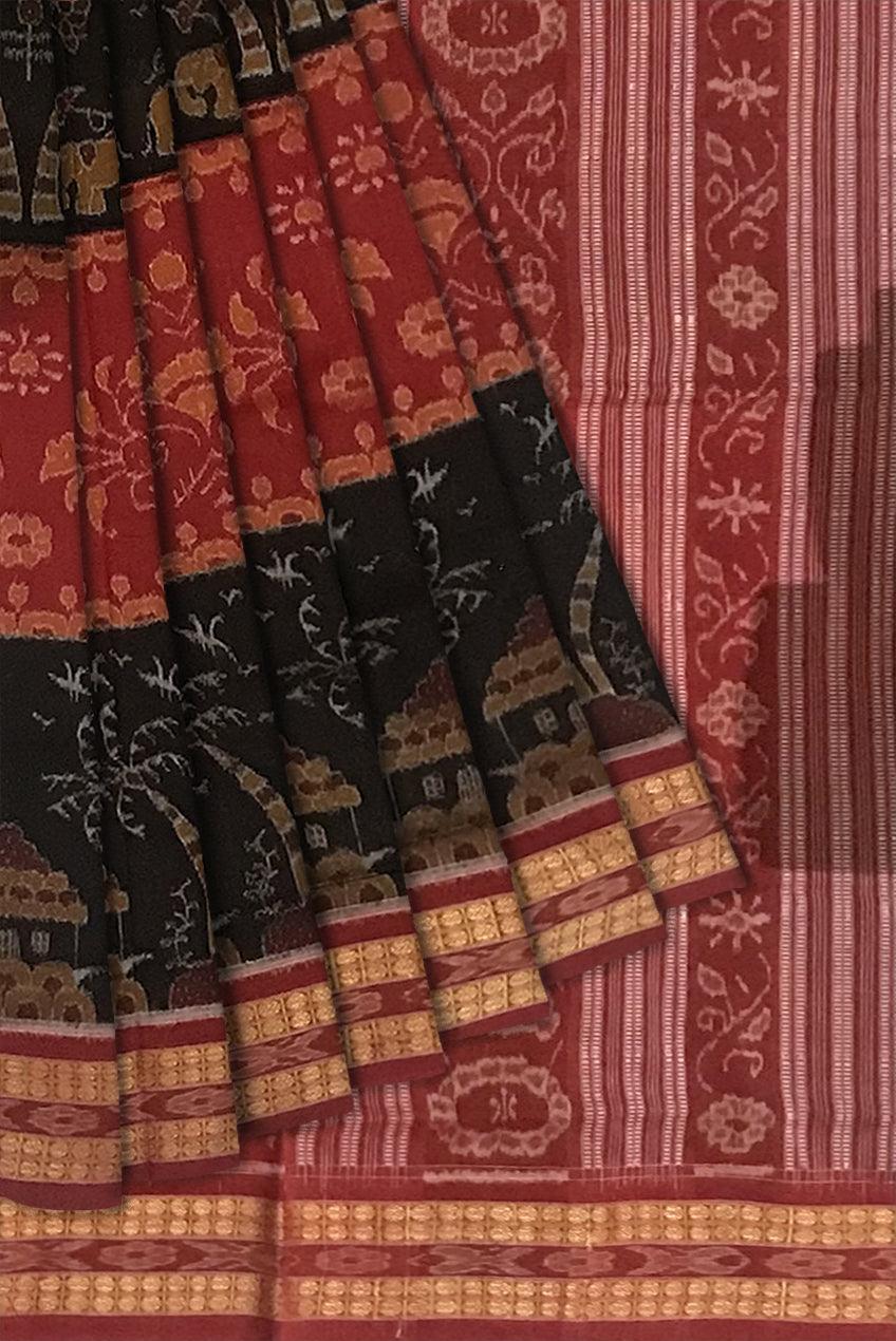 TRADITIONAL VILLAGE PATERN SAMBALPURI COTTON SAREE IS MAROON AND BLACK COLOR BASE, ATTACHED WITH BLOUSE PIECE. - Koshali Arts & Crafts Enterprise