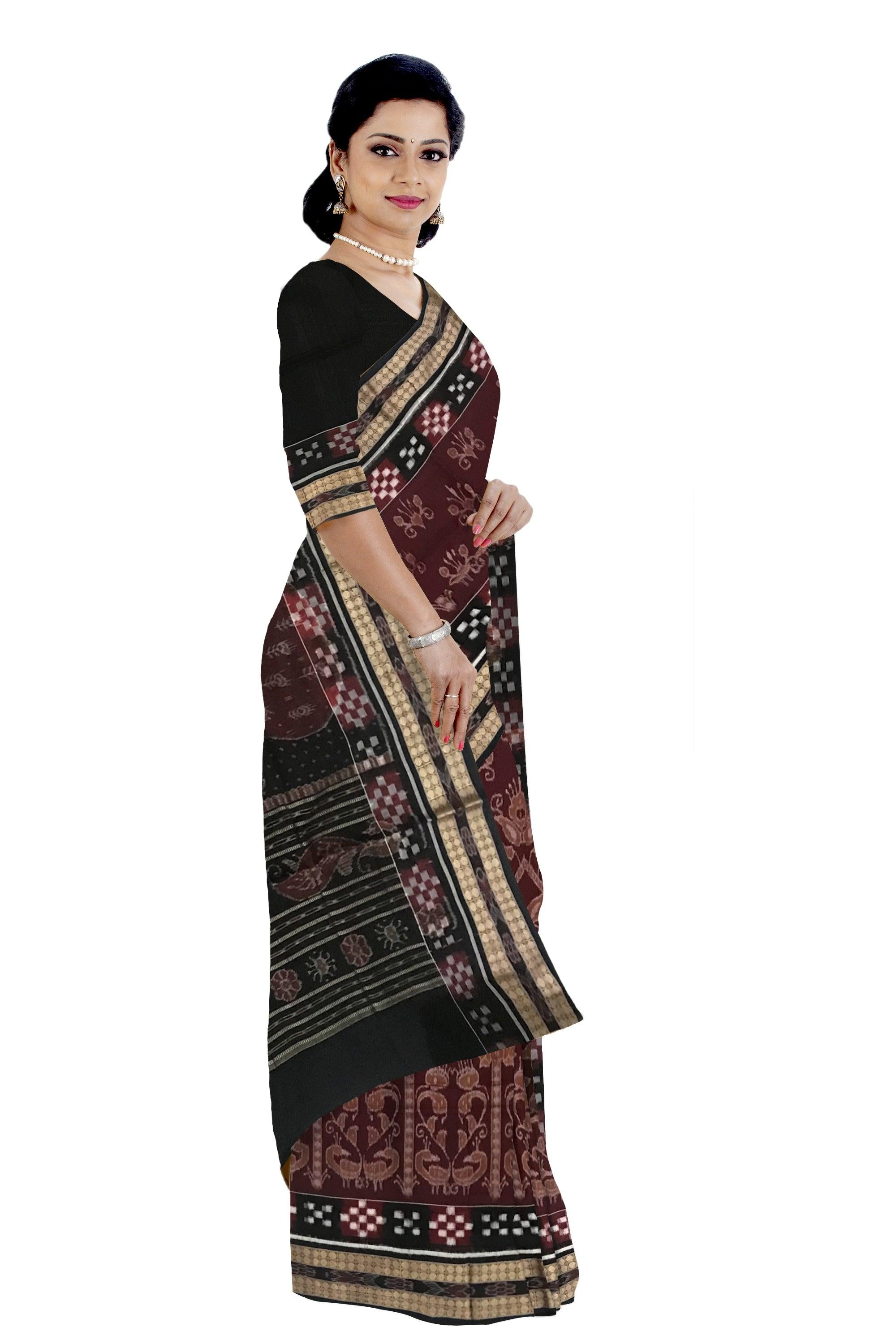 COFFEE AND BLACK COLOR PEACOCK WITH FLOWER PATTERN SAMBALPURI COTTON SAREE , COMES WITH BLOUSE PIECE. - Koshali Arts & Crafts Enterprise