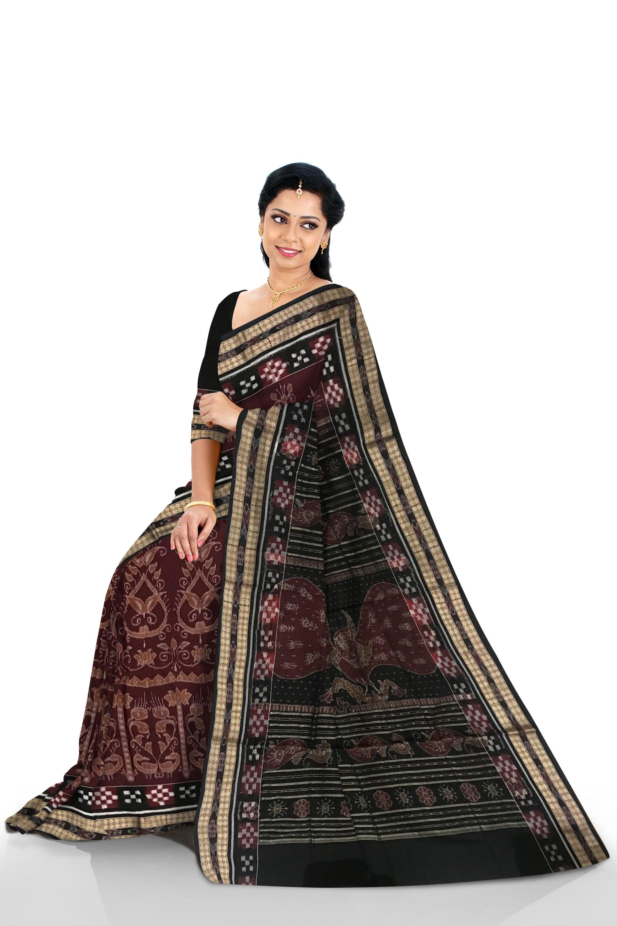 COFFEE AND BLACK COLOR PEACOCK WITH FLOWER PATTERN SAMBALPURI COTTON SAREE , COMES WITH BLOUSE PIECE. - Koshali Arts & Crafts Enterprise