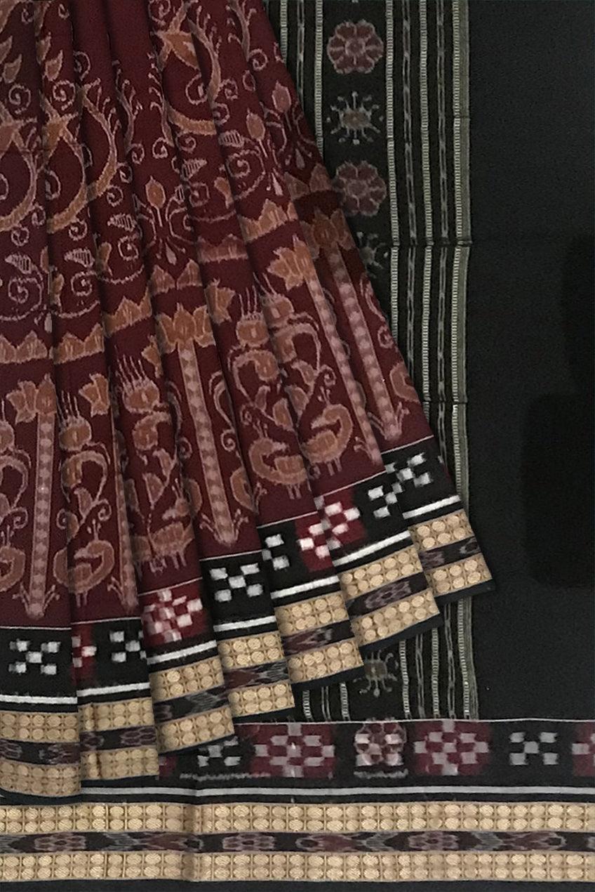 COFFEE AND BLACK COLOR PEACOCK WITH FLOWER PATTERN SAMBALPURI COTTON SAREE , COMES WITH BLOUSE PIECE. - Koshali Arts & Crafts Enterprise