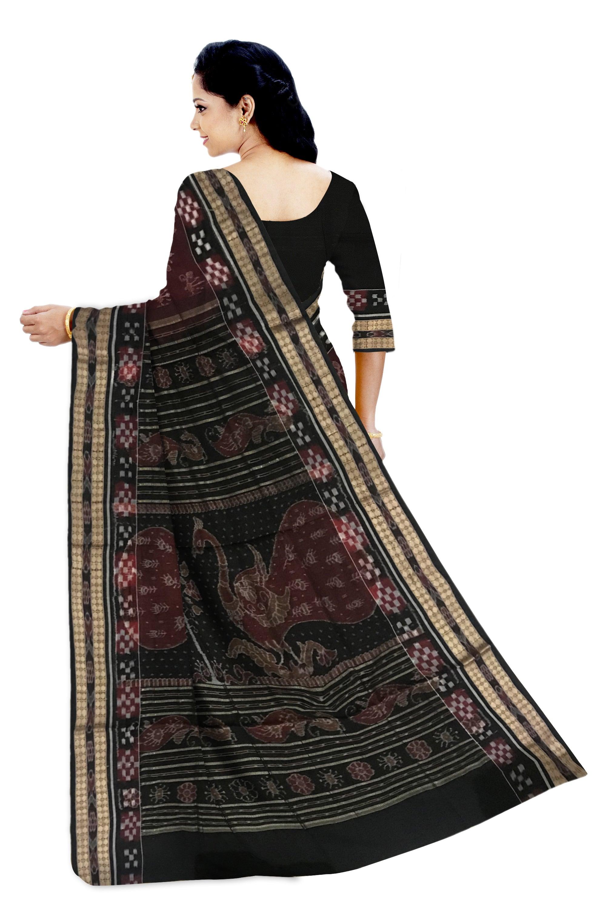 COFFEE AND BLACK COLOR PEACOCK WITH FLOWER PATTERN SAMBALPURI COTTON SAREE , COMES WITH BLOUSE PIECE. - Koshali Arts & Crafts Enterprise