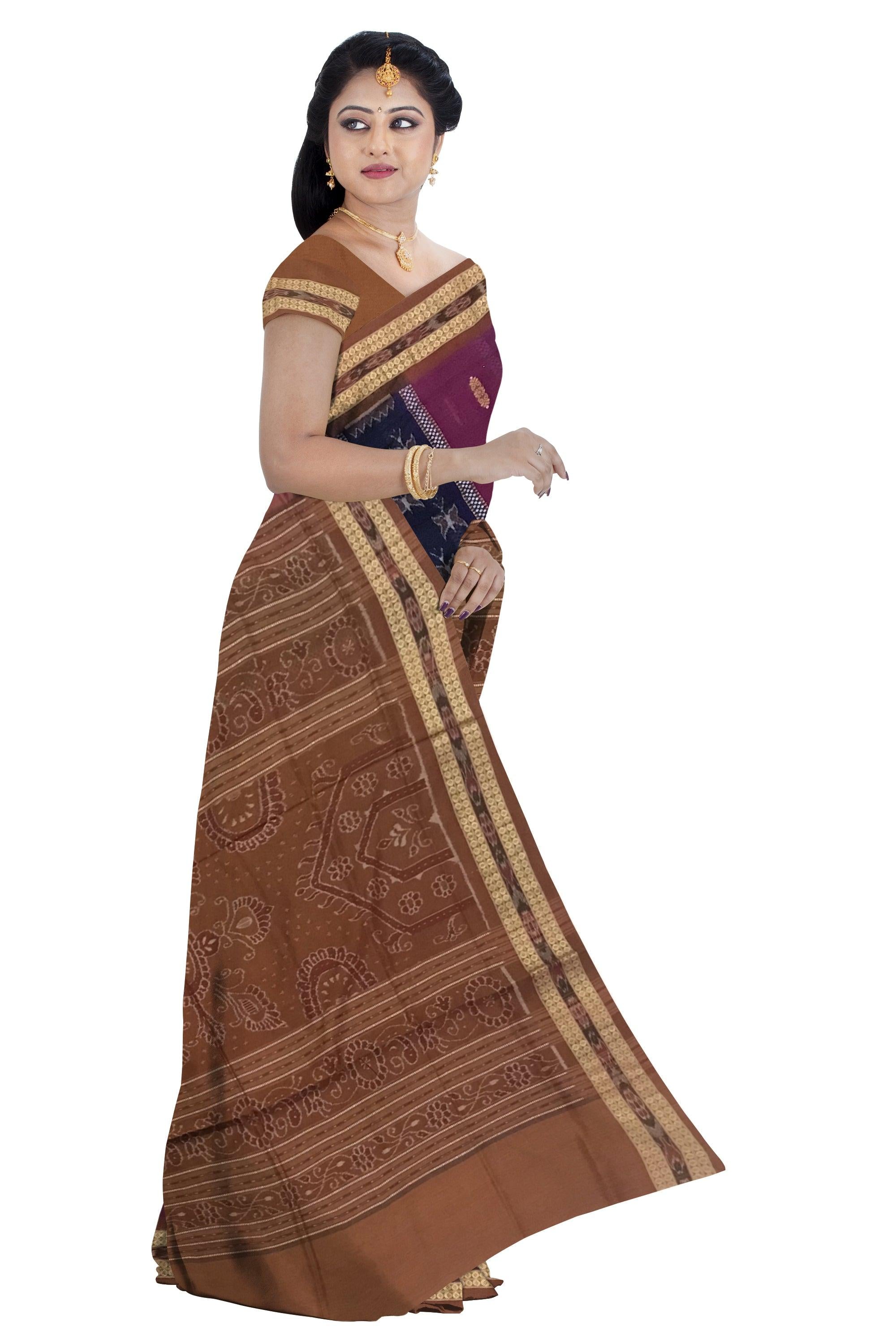 DARK VIOLET AND LIGHT SALMON COLOR SAMBALPURI COTTON SAREE, ATTACHED WITH BLOUSE PIECE. - Koshali Arts & Crafts Enterprise