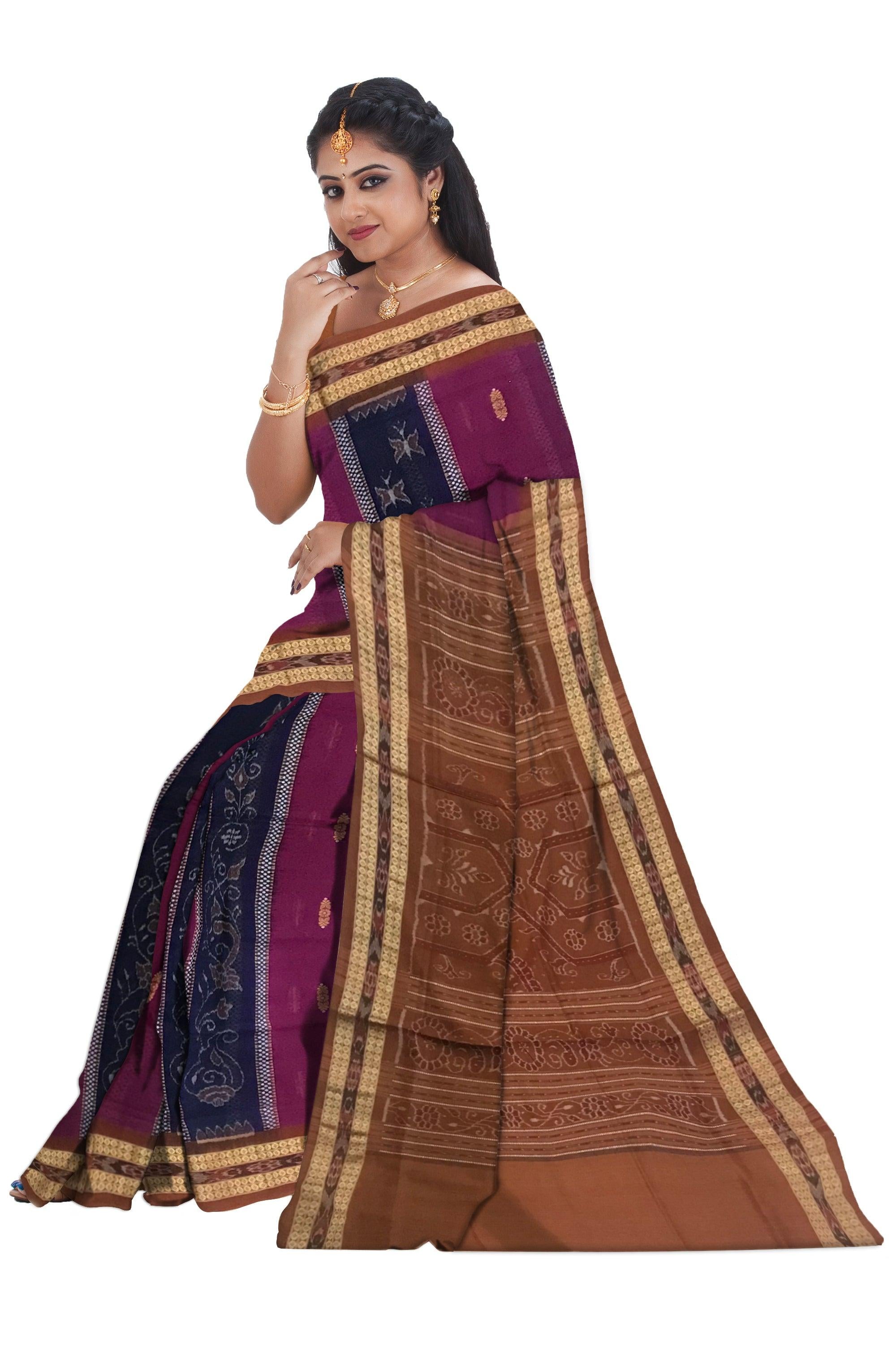 DARK VIOLET AND LIGHT SALMON COLOR SAMBALPURI COTTON SAREE, ATTACHED WITH BLOUSE PIECE. - Koshali Arts & Crafts Enterprise