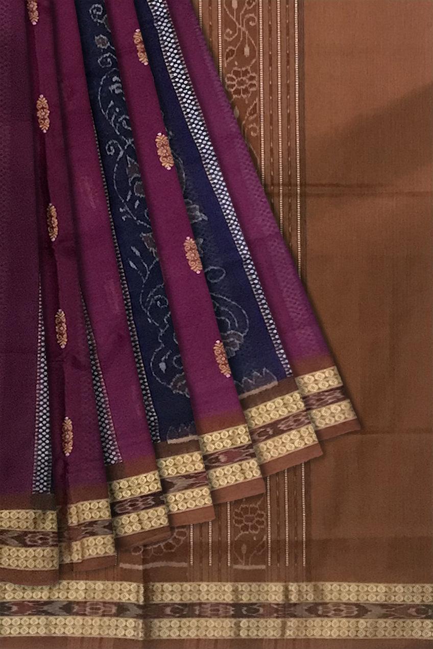DARK VIOLET AND LIGHT SALMON COLOR SAMBALPURI COTTON SAREE, ATTACHED WITH BLOUSE PIECE. - Koshali Arts & Crafts Enterprise