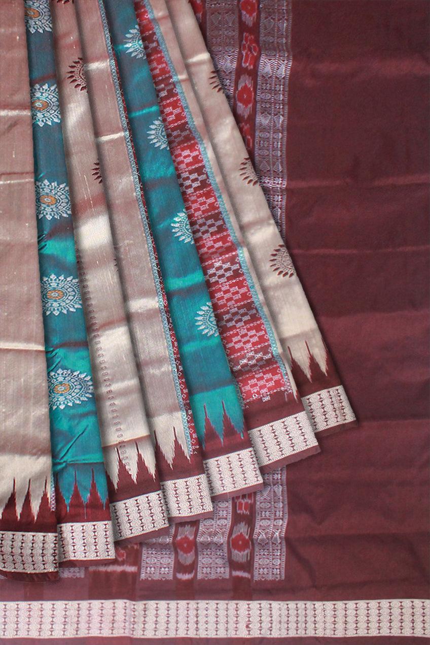 SILVER AND SEAGREEN COLOR BOMKEI CHANDUA PATA SAREE, ATTACHED WITH MATCHING BLOUSE PIECE. - Koshali Arts & Crafts Enterprise