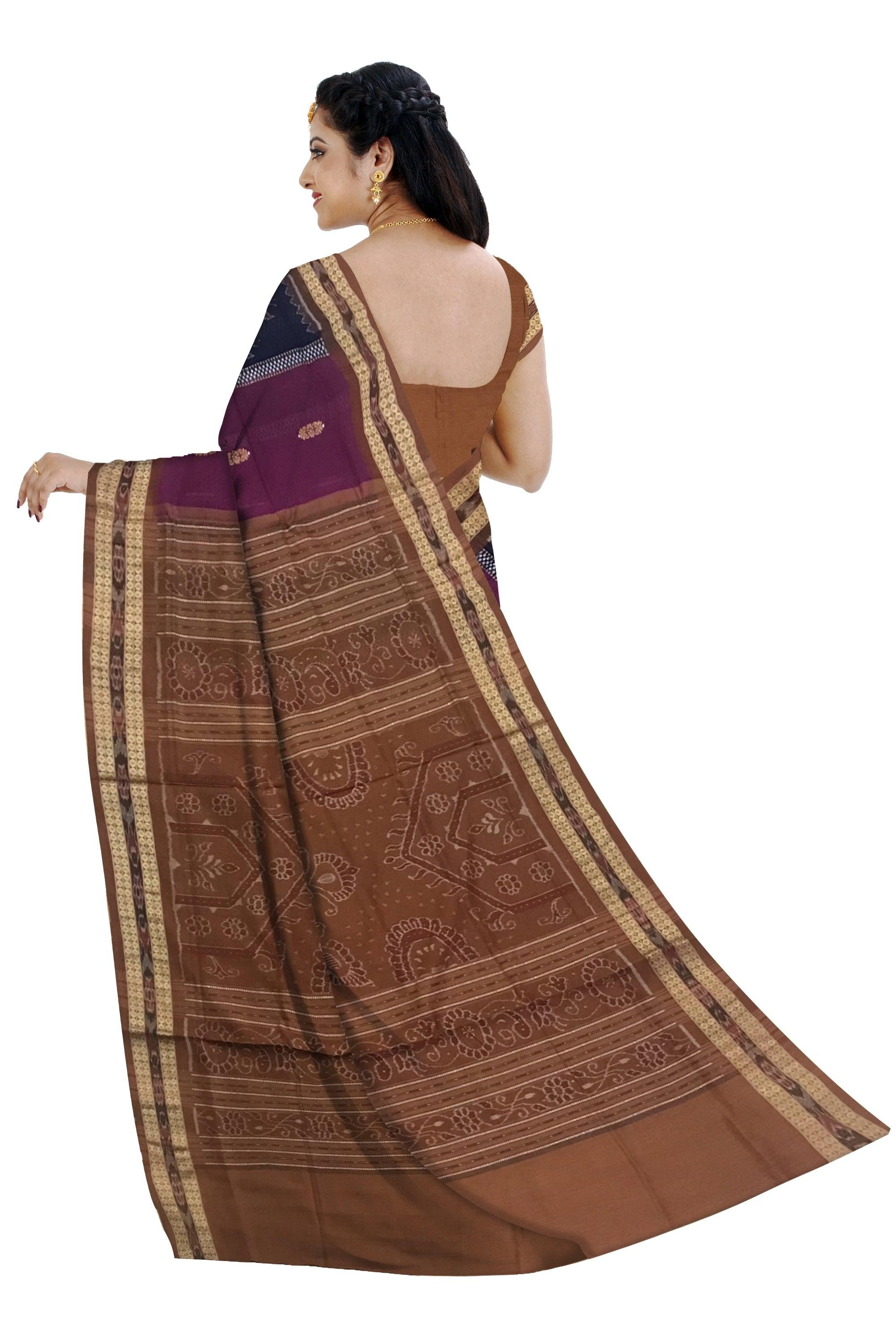 DARK VIOLET AND LIGHT SALMON COLOR SAMBALPURI COTTON SAREE, ATTACHED WITH BLOUSE PIECE. - Koshali Arts & Crafts Enterprise