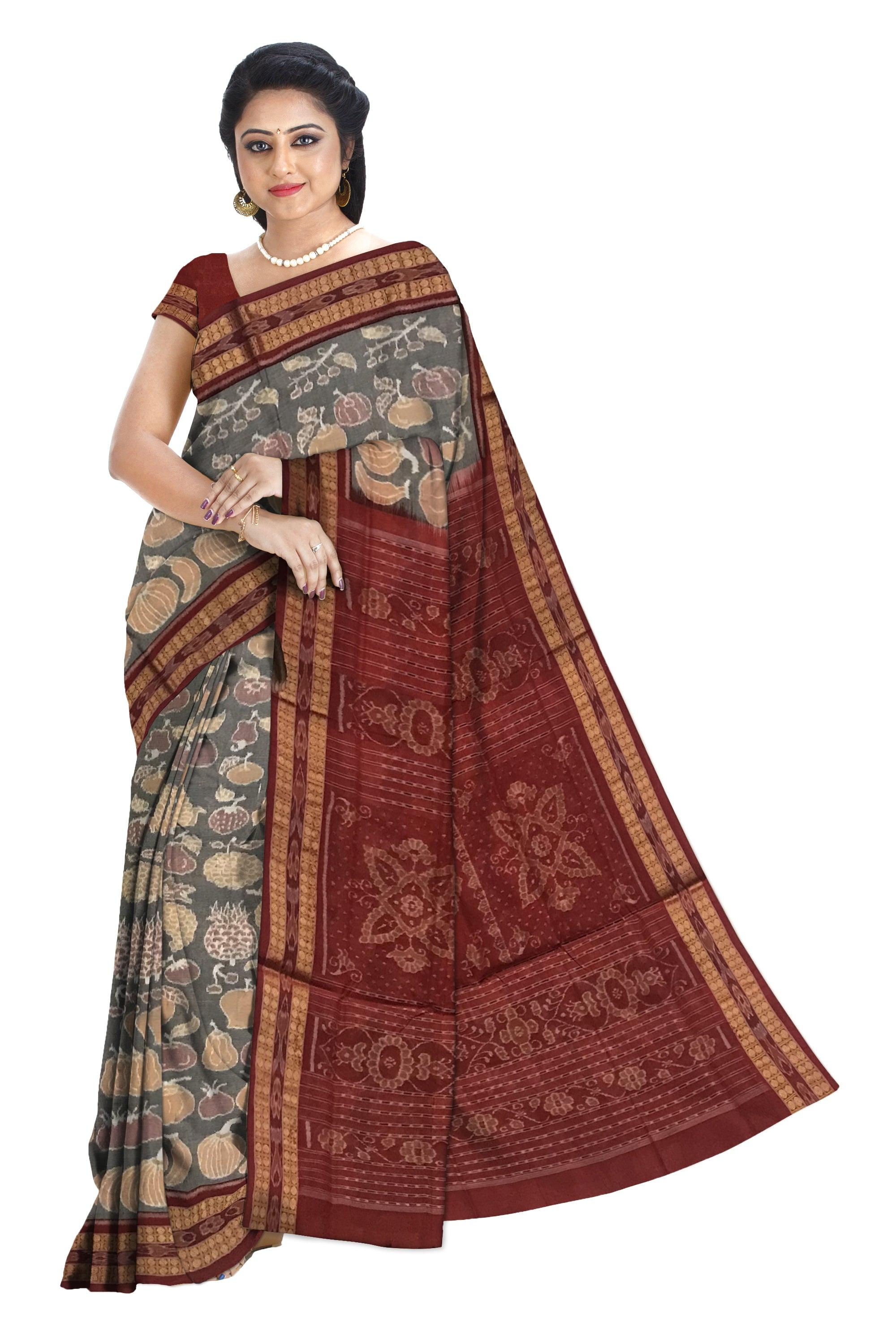FULL BODY DIFFERENT FRUITS PATTERN SAMBALPURI COTTON SAREE IS PEACHPUFF AND MAROON COLOR BASE, ATTACHED WITH BLOUSE PIECE. - Koshali Arts & Crafts Enterprise