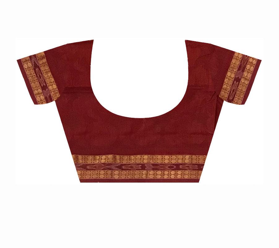 FULL BODY DIFFERENT FRUITS PATTERN SAMBALPURI COTTON SAREE IS PEACHPUFF AND MAROON COLOR BASE, ATTACHED WITH BLOUSE PIECE. - Koshali Arts & Crafts Enterprise