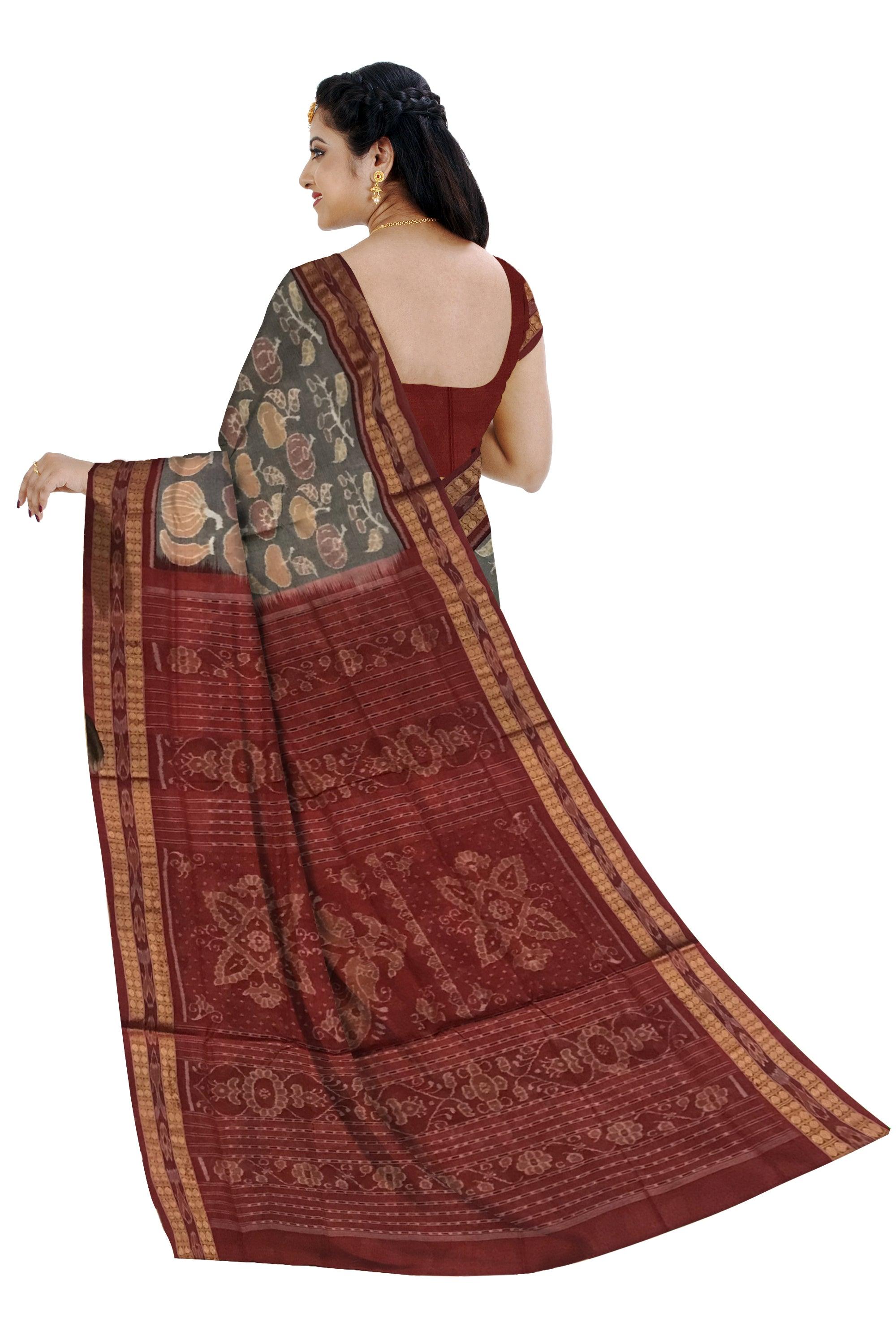 FULL BODY DIFFERENT FRUITS PATTERN SAMBALPURI COTTON SAREE IS PEACHPUFF AND MAROON COLOR BASE, ATTACHED WITH BLOUSE PIECE. - Koshali Arts & Crafts Enterprise