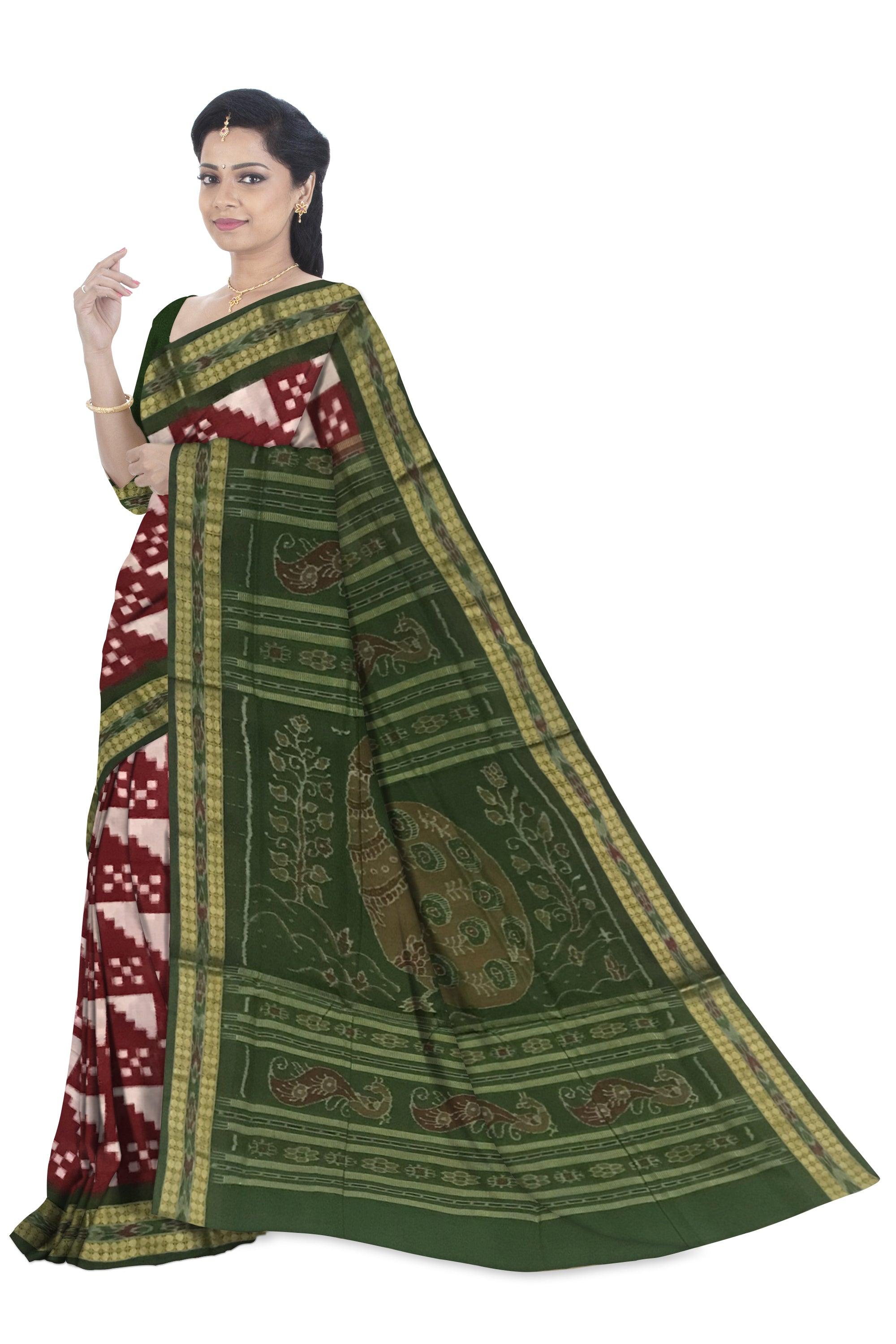 MAROON WITH WHITE COLOR BASE TRINGAL PATTERN COTTON SAREE , COMES WITH BLOUSE PIECE. - Koshali Arts & Crafts Enterprise