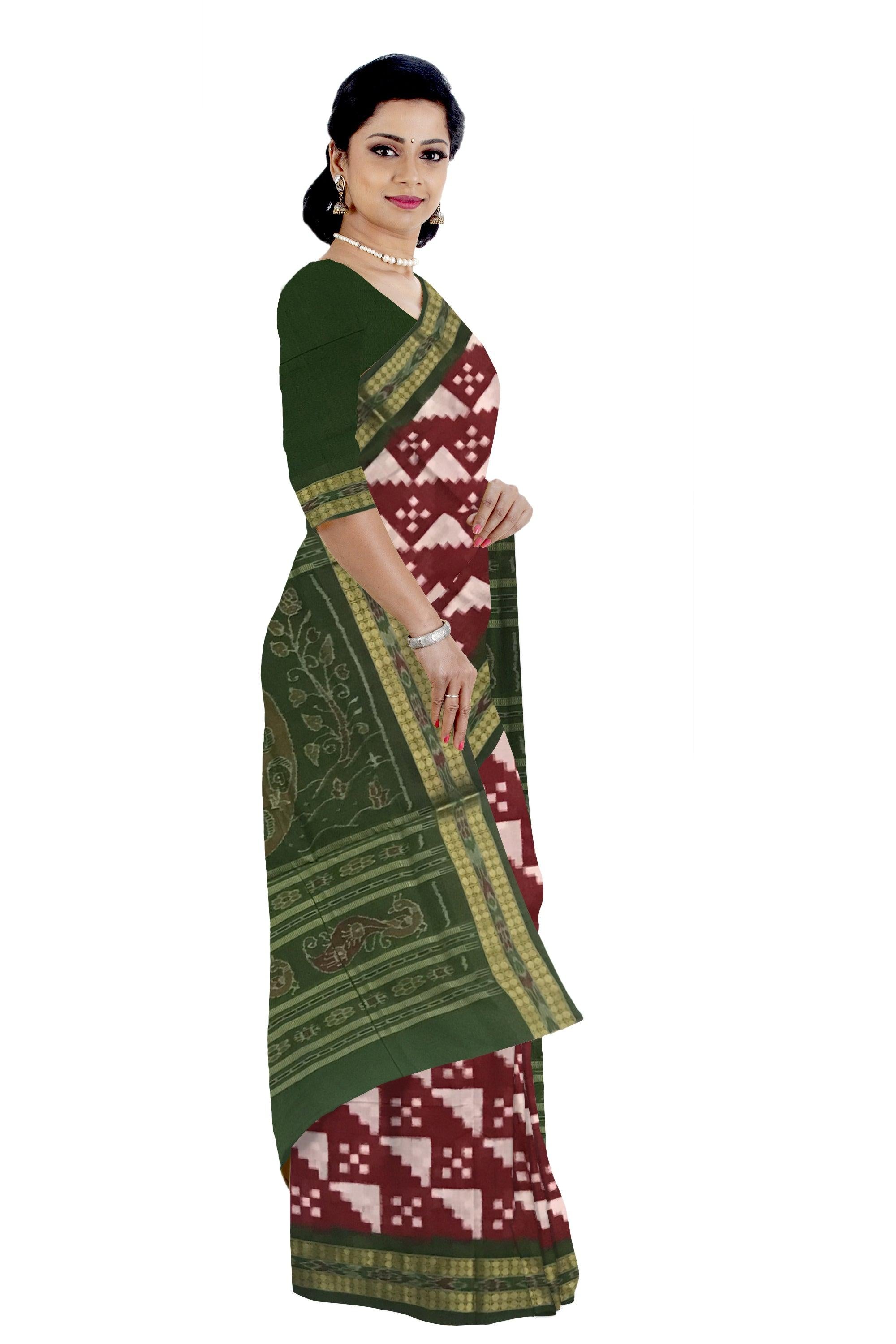 MAROON WITH WHITE COLOR BASE TRINGAL PATTERN COTTON SAREE , COMES WITH BLOUSE PIECE. - Koshali Arts & Crafts Enterprise