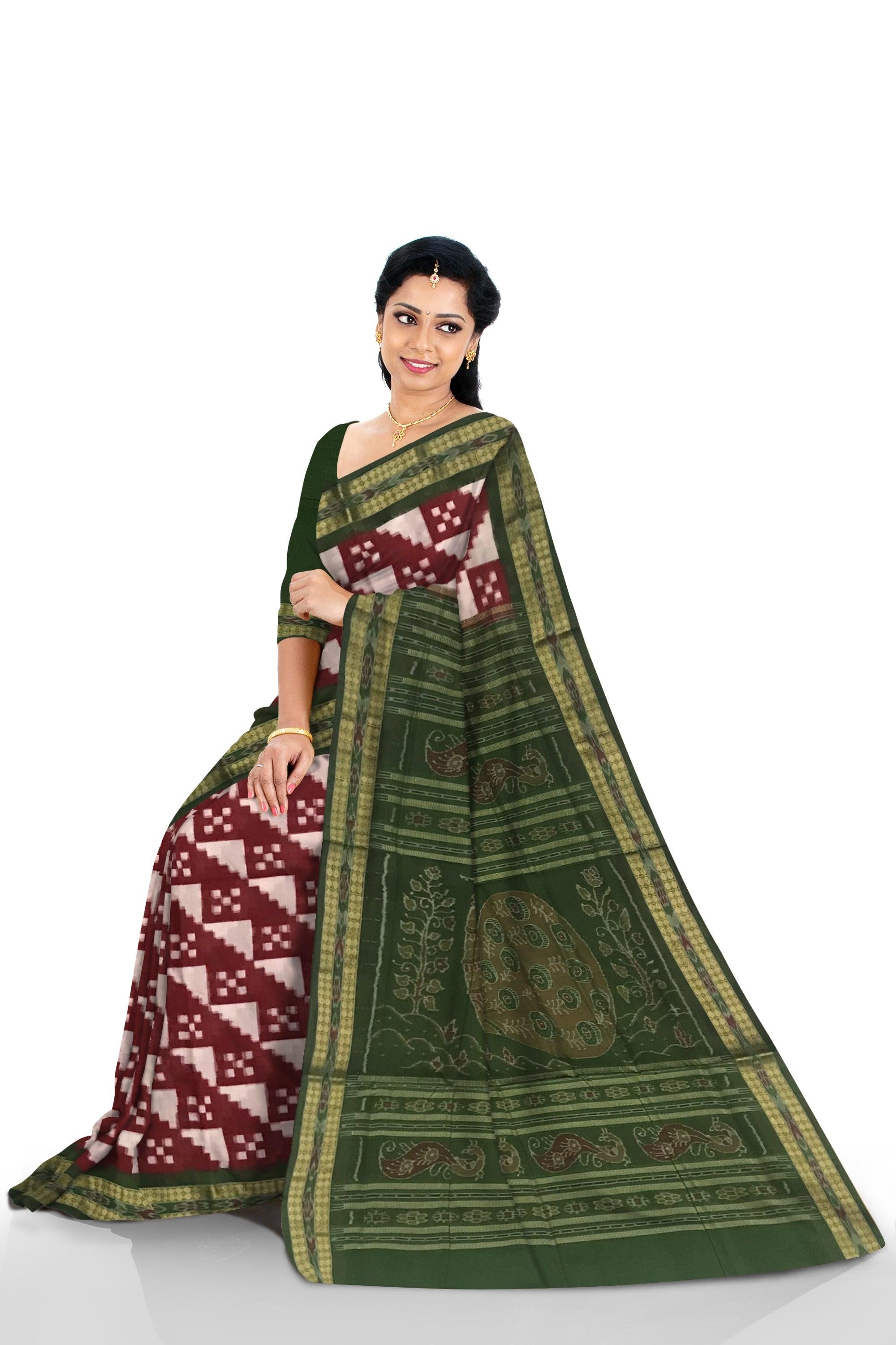 MAROON WITH WHITE COLOR BASE TRINGAL PATTERN COTTON SAREE , COMES WITH BLOUSE PIECE. - Koshali Arts & Crafts Enterprise