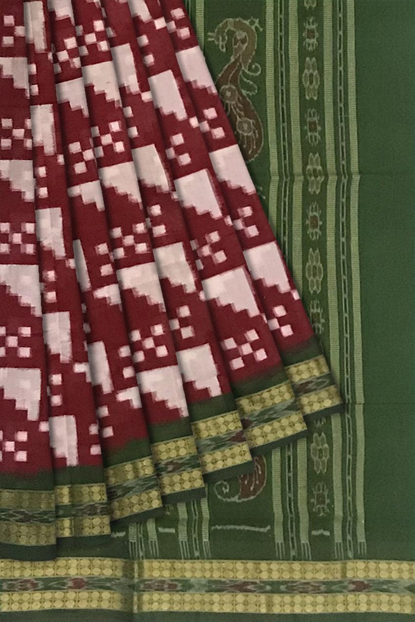 MAROON WITH WHITE COLOR BASE TRINGAL PATTERN COTTON SAREE , COMES WITH BLOUSE PIECE. - Koshali Arts & Crafts Enterprise