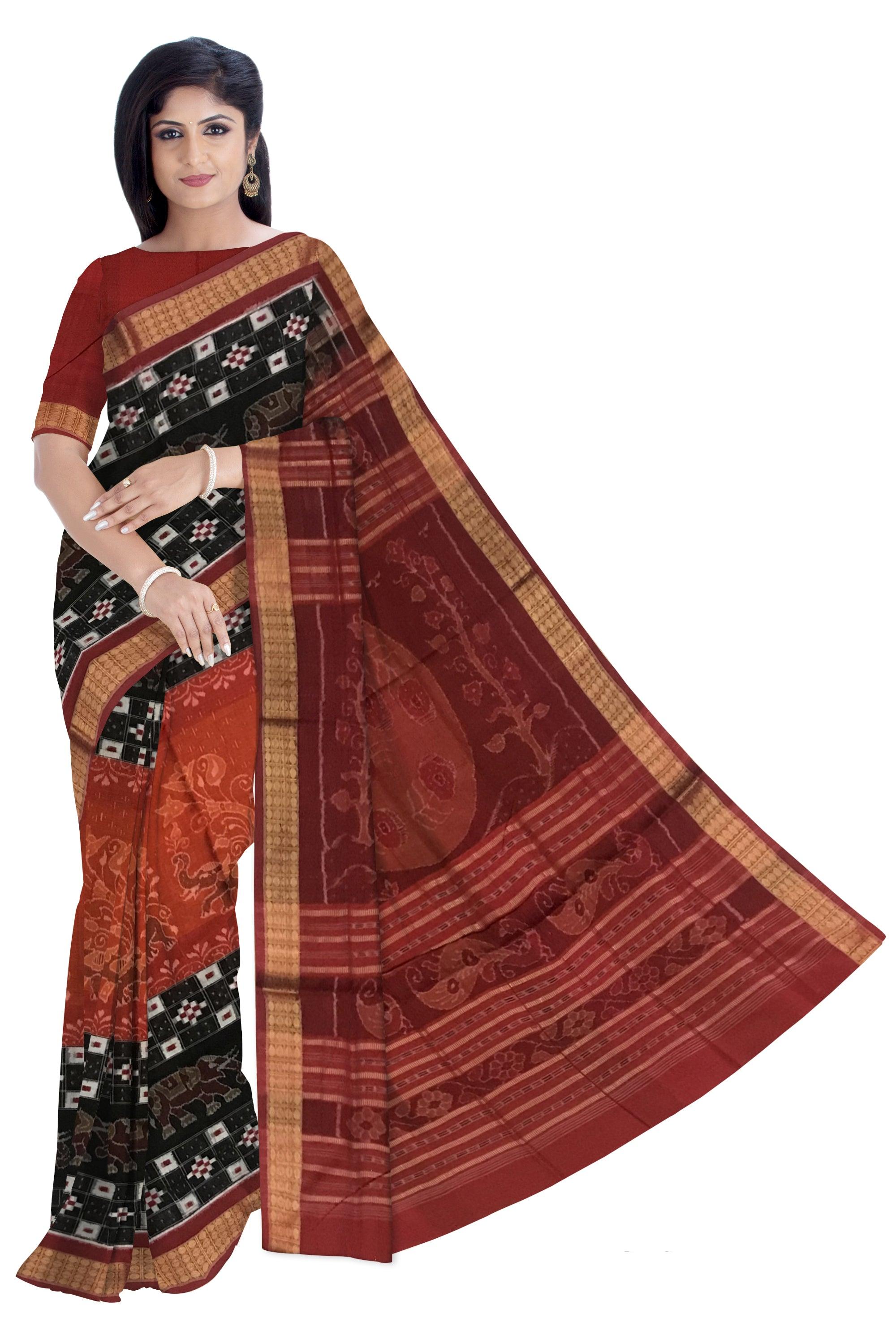 TRADITIONAL ELEPHANT PATTERN SAMBALPURI COTTON SAREE IS  DEEP ORANGE AND BLACK COLOR BASE, WITH BLOUSE PIECE. - Koshali Arts & Crafts Enterprise