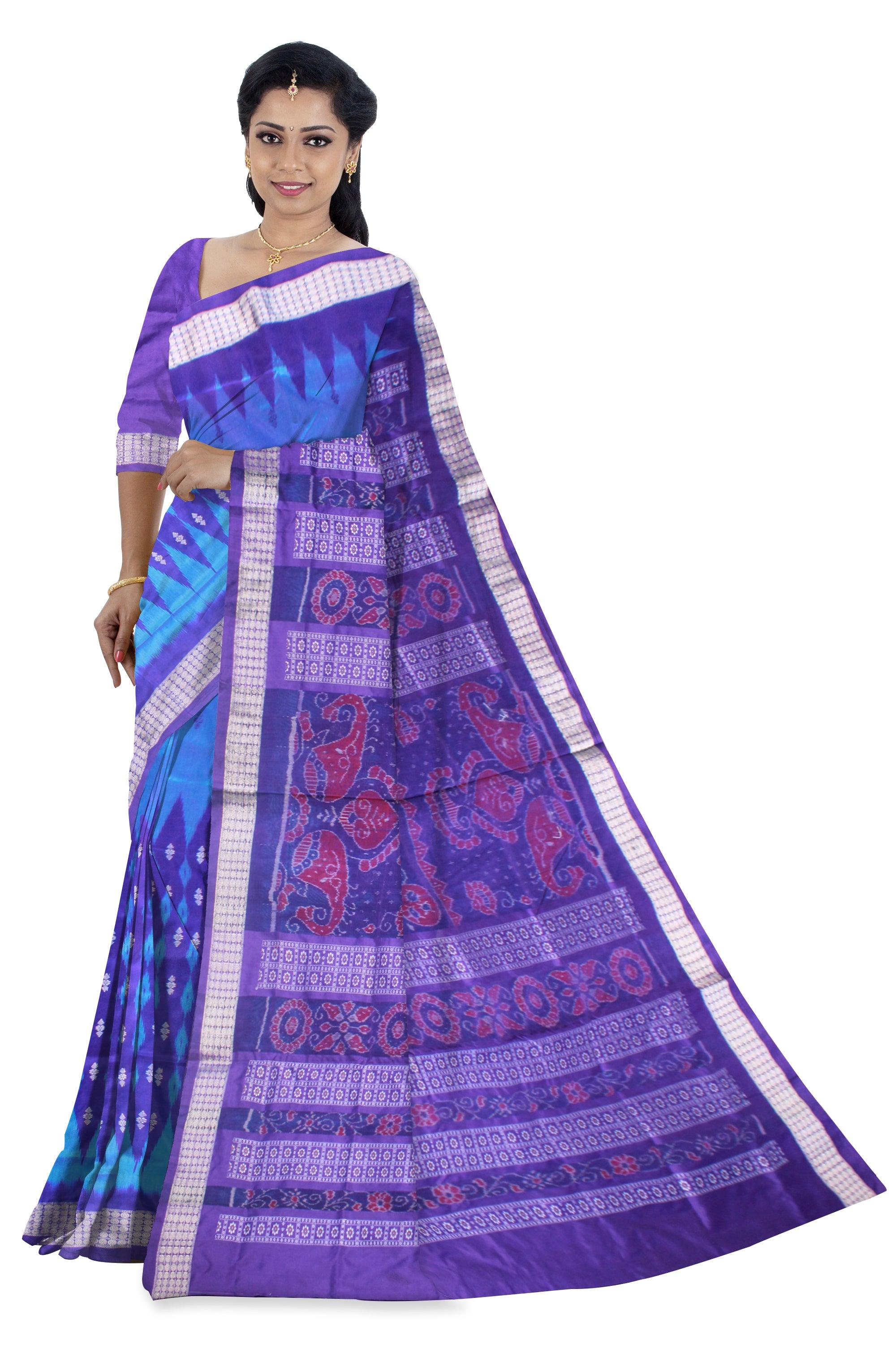 KUMBHA PATTERN PATA SAREE IS SKY AND LIGHT SKY COLOR BASE,COMES WITH MATCHING BLOUSE PIECE. - Koshali Arts & Crafts Enterprise