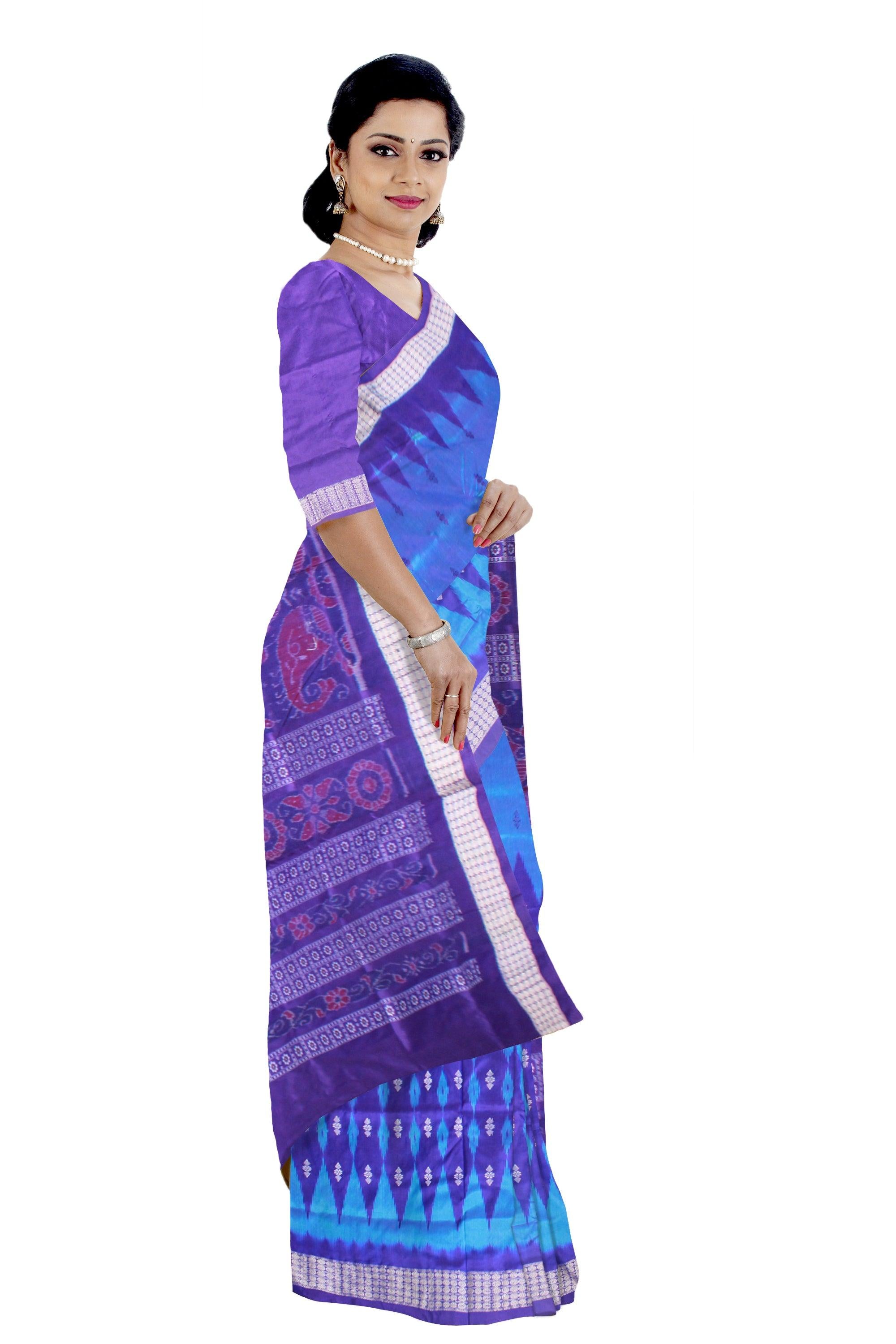 KUMBHA PATTERN PATA SAREE IS SKY AND LIGHT SKY COLOR BASE,COMES WITH MATCHING BLOUSE PIECE. - Koshali Arts & Crafts Enterprise