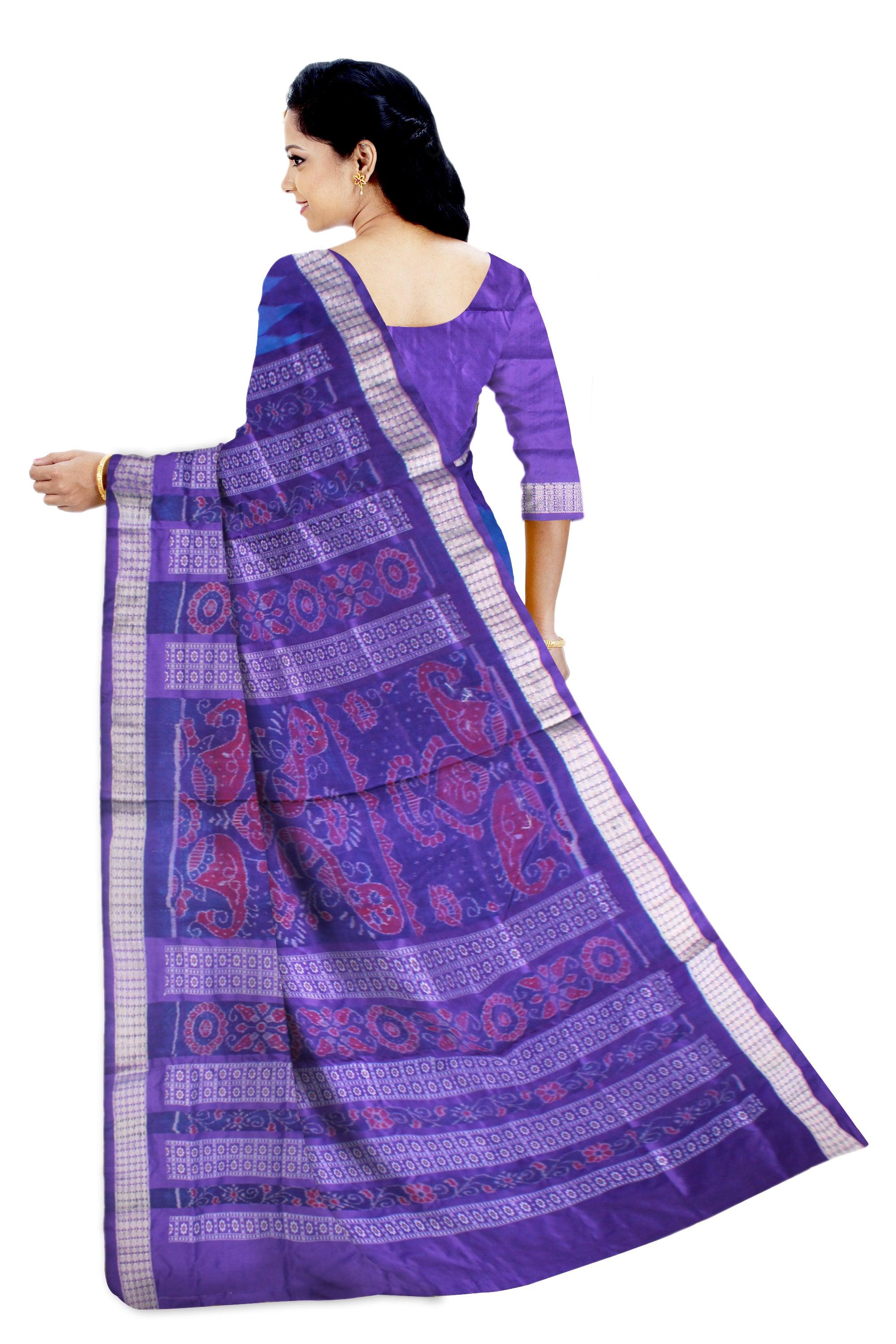 KUMBHA PATTERN PATA SAREE IS SKY AND LIGHT SKY COLOR BASE,COMES WITH MATCHING BLOUSE PIECE. - Koshali Arts & Crafts Enterprise