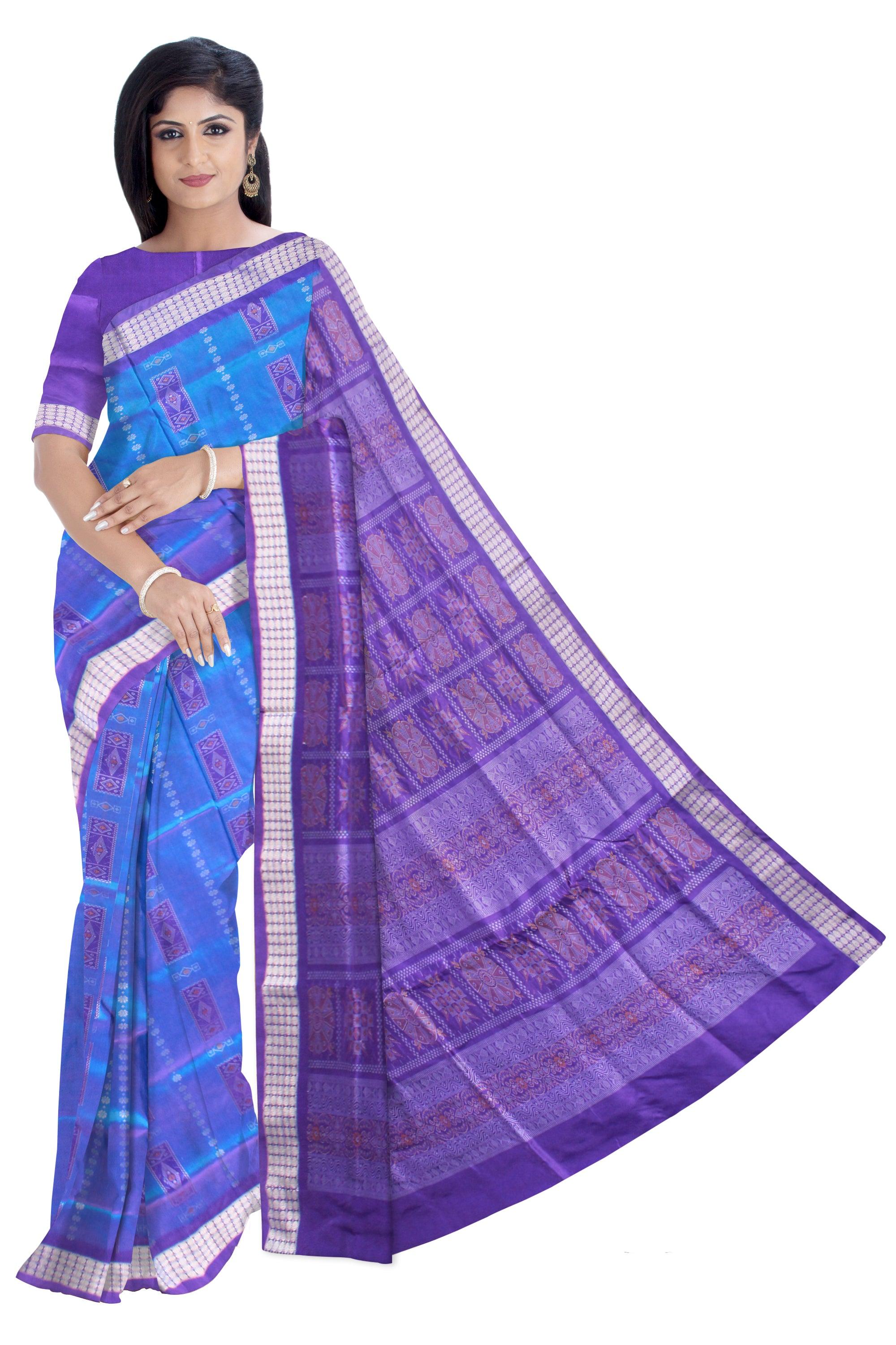 SKY AND PURPLE COLOR BOX PATTERN SILK SAREE, ATTACHED WITH BLOUSE PIECE. - Koshali Arts & Crafts Enterprise