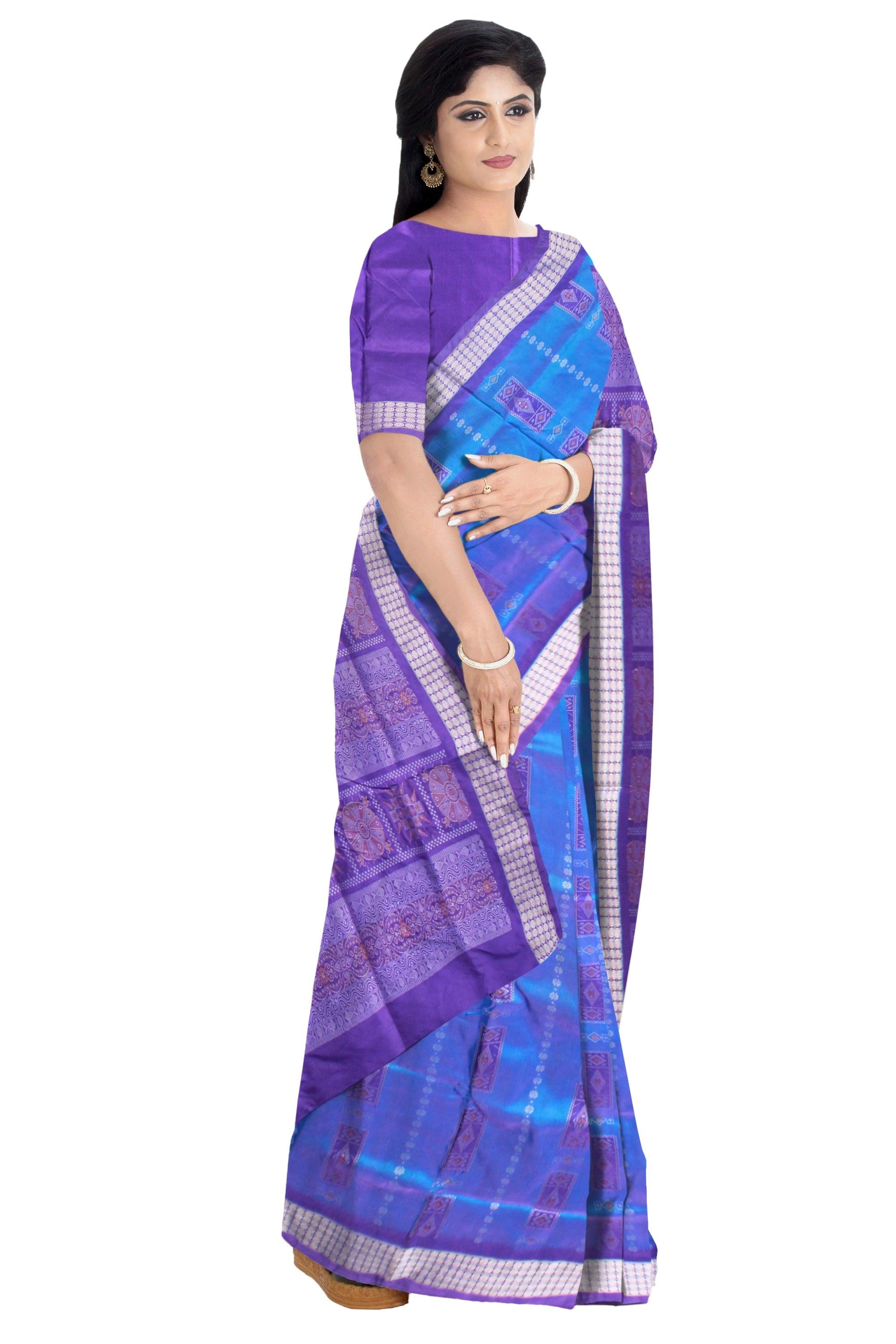 SKY AND PURPLE COLOR BOX PATTERN SILK SAREE, ATTACHED WITH BLOUSE PIECE. - Koshali Arts & Crafts Enterprise