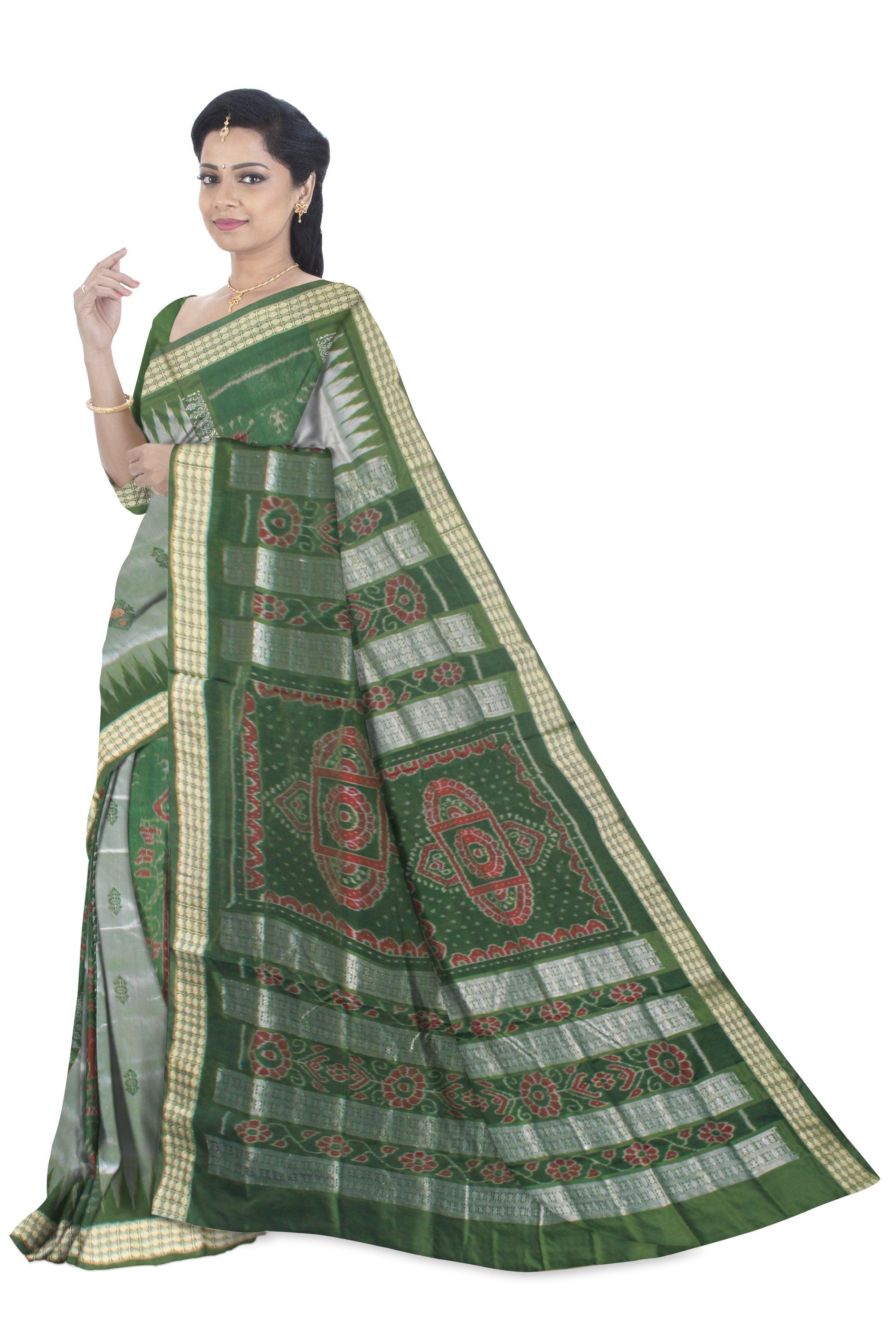 BANDHA PATTERN GREEN SILVER AND LIGHT GREEN COLOR SILK SAREE, ATTACHED WITH BLOUSE PIECE. - Koshali Arts & Crafts Enterprise