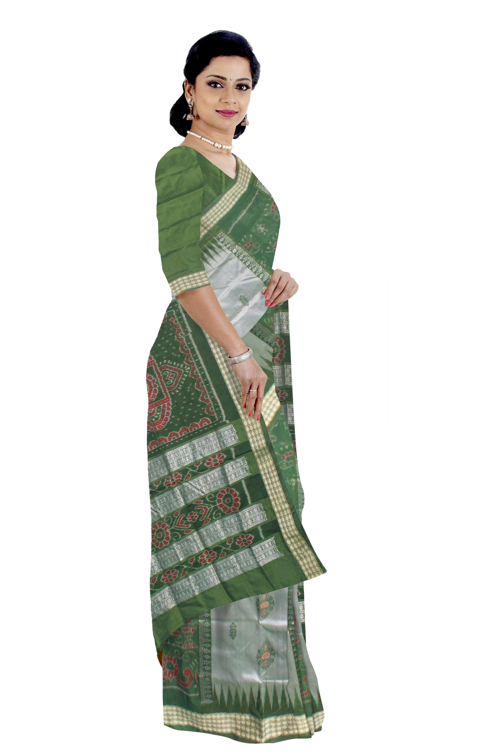 BANDHA PATTERN GREEN SILVER AND LIGHT GREEN COLOR SILK SAREE, ATTACHED WITH BLOUSE PIECE. - Koshali Arts & Crafts Enterprise