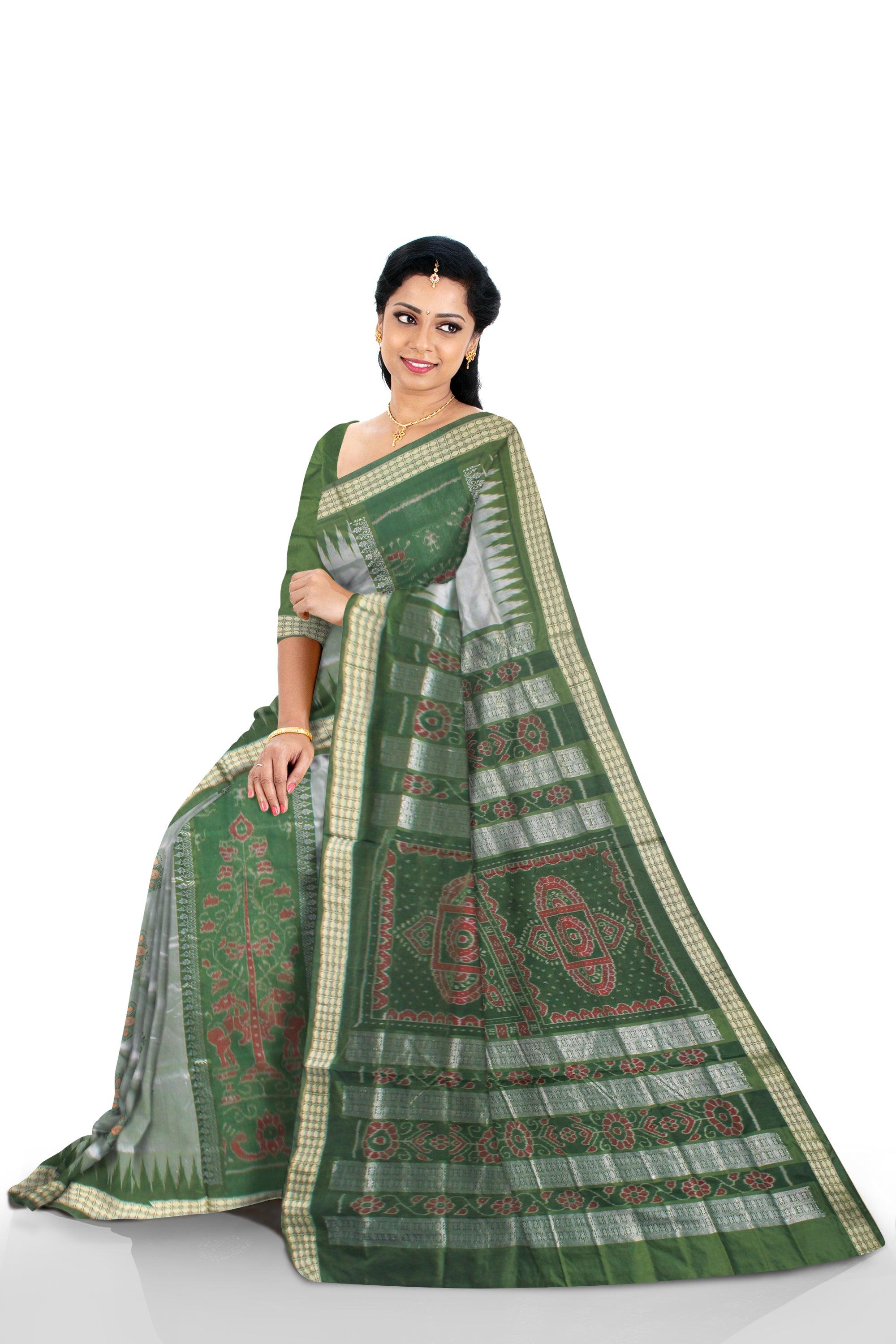 BANDHA PATTERN GREEN SILVER AND LIGHT GREEN COLOR SILK SAREE, ATTACHED WITH BLOUSE PIECE. - Koshali Arts & Crafts Enterprise