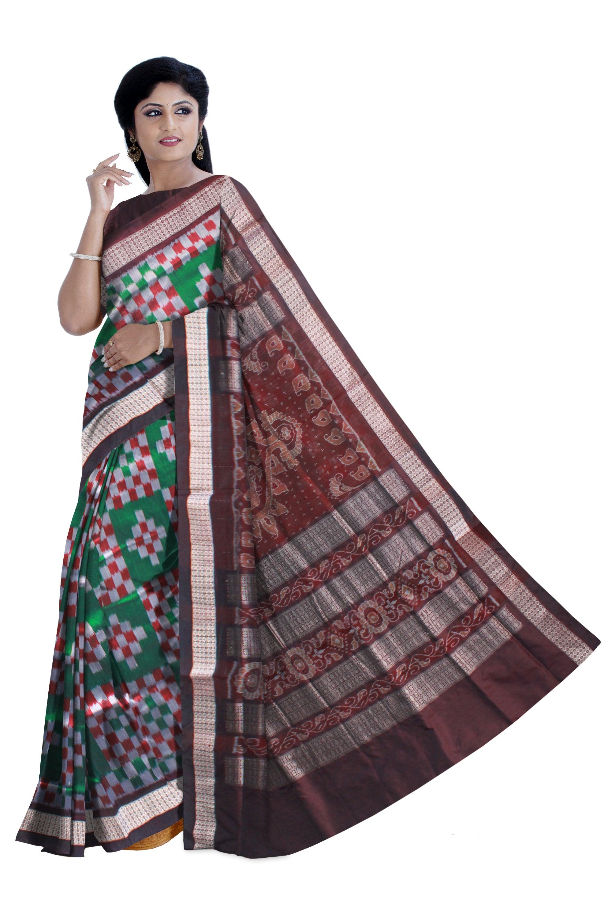 DARK GREEN SILVER AND COFFEE COLOR SAPTA PATTERN PATA SAREE, COMES WITH BLOUSE PIECE. - Koshali Arts & Crafts Enterprise