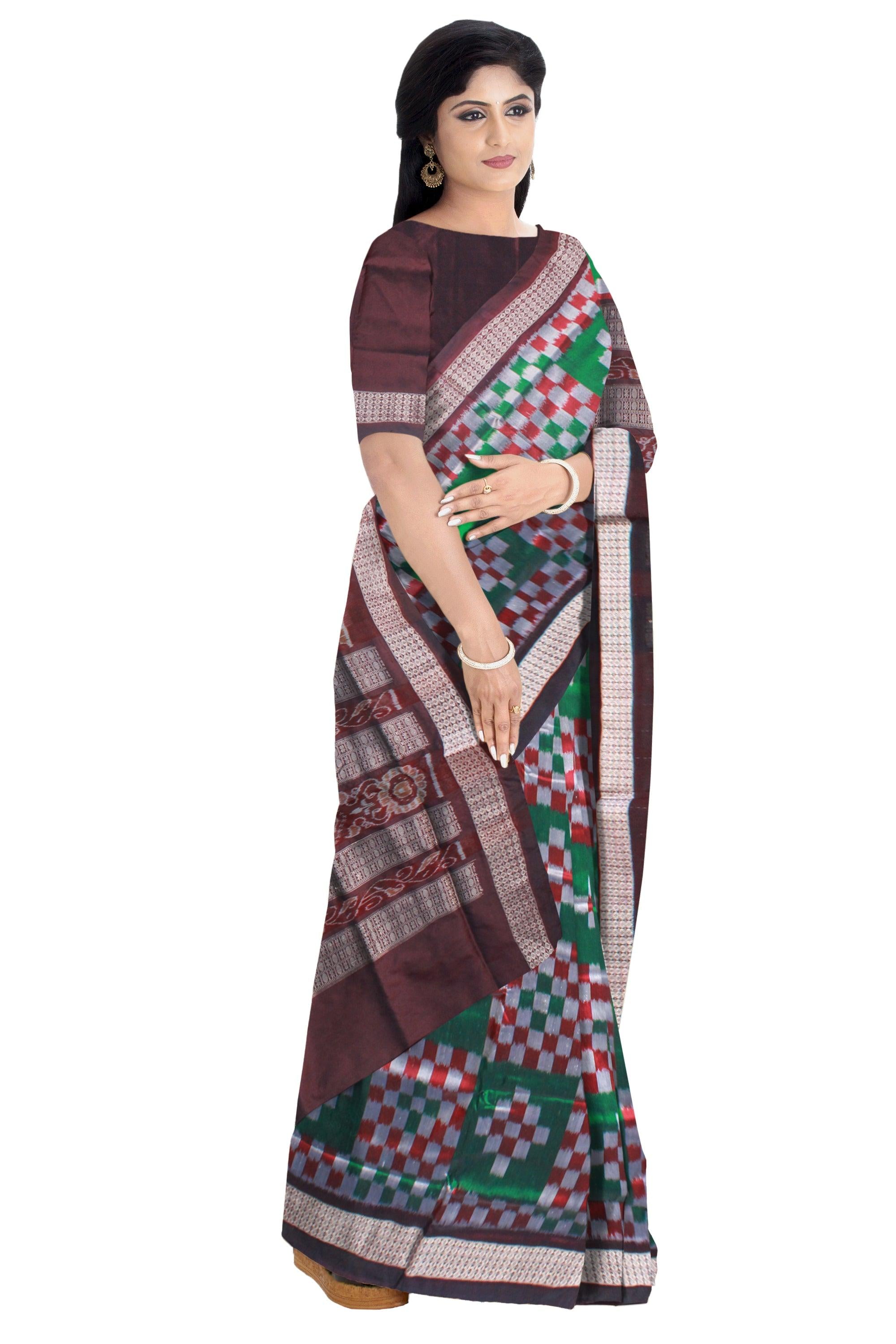 DARK GREEN SILVER AND COFFEE COLOR SAPTA PATTERN PATA SAREE, COMES WITH BLOUSE PIECE. - Koshali Arts & Crafts Enterprise