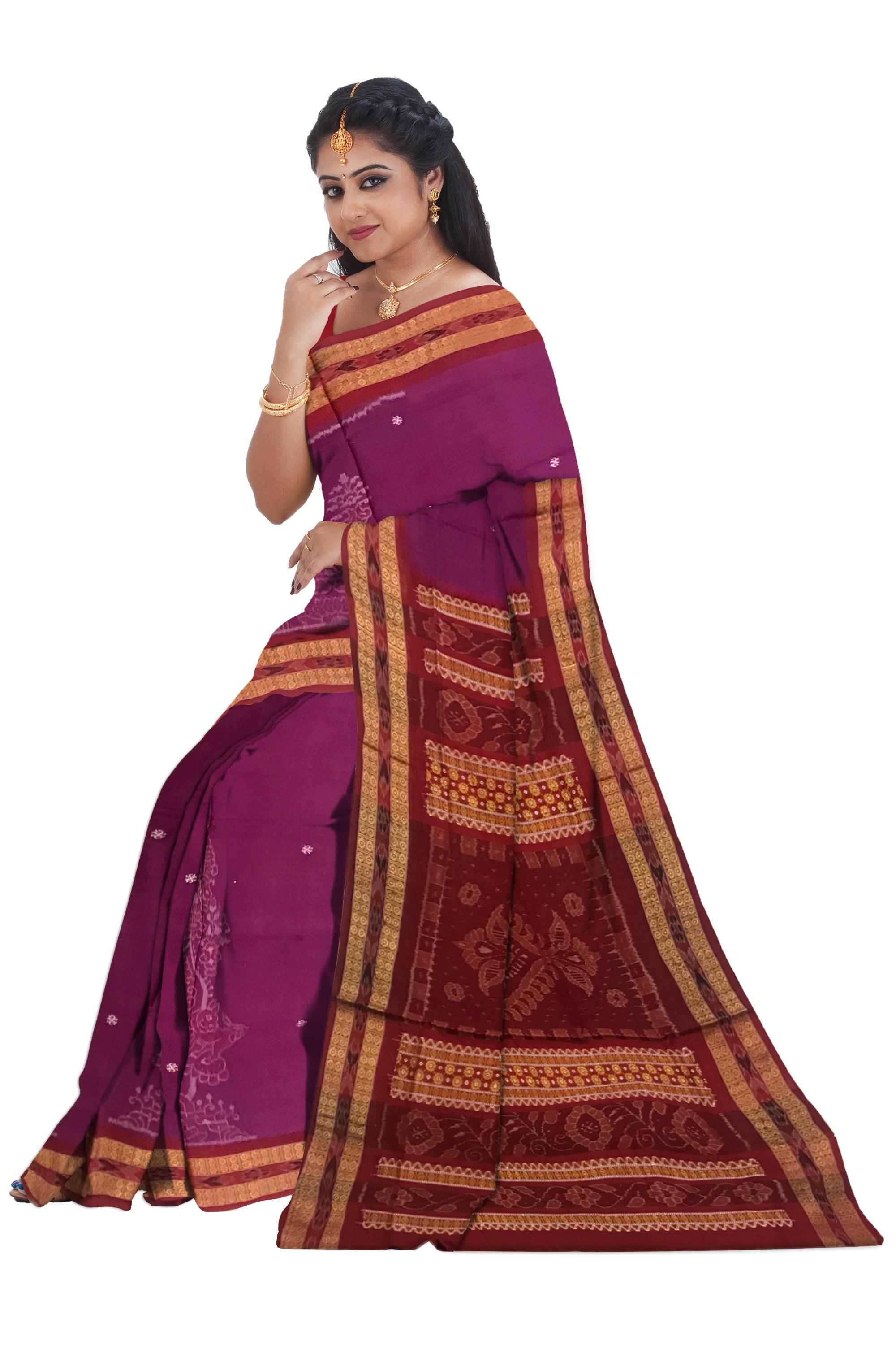 DARK PURPLE AND MAROON COLOR SAMBALPURI COTTON SAREE , COMES WITH BLOUSE PIECE. - Koshali Arts & Crafts Enterprise