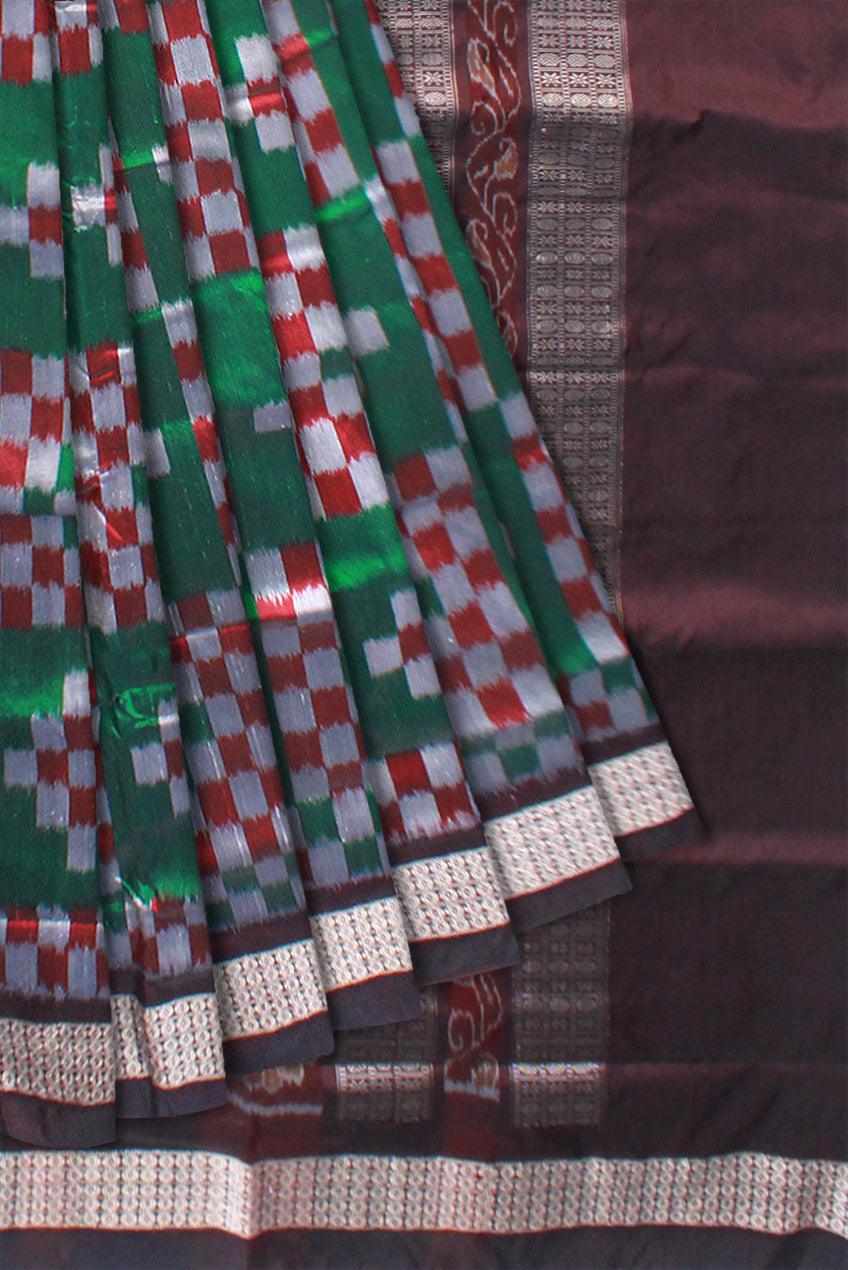 DARK GREEN SILVER AND COFFEE COLOR SAPTA PATTERN PATA SAREE, COMES WITH BLOUSE PIECE. - Koshali Arts & Crafts Enterprise