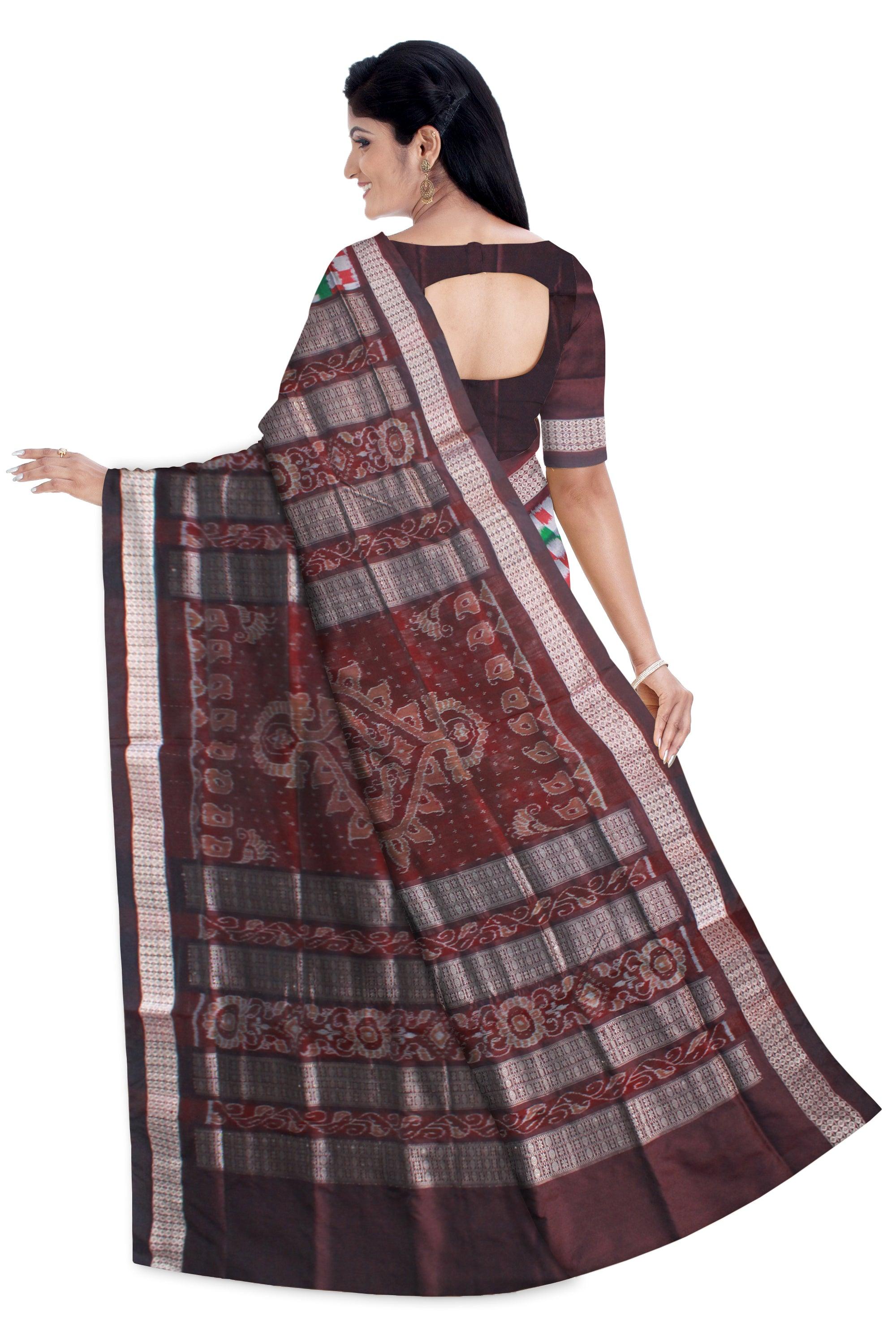 DARK GREEN SILVER AND COFFEE COLOR SAPTA PATTERN PATA SAREE, COMES WITH BLOUSE PIECE. - Koshali Arts & Crafts Enterprise