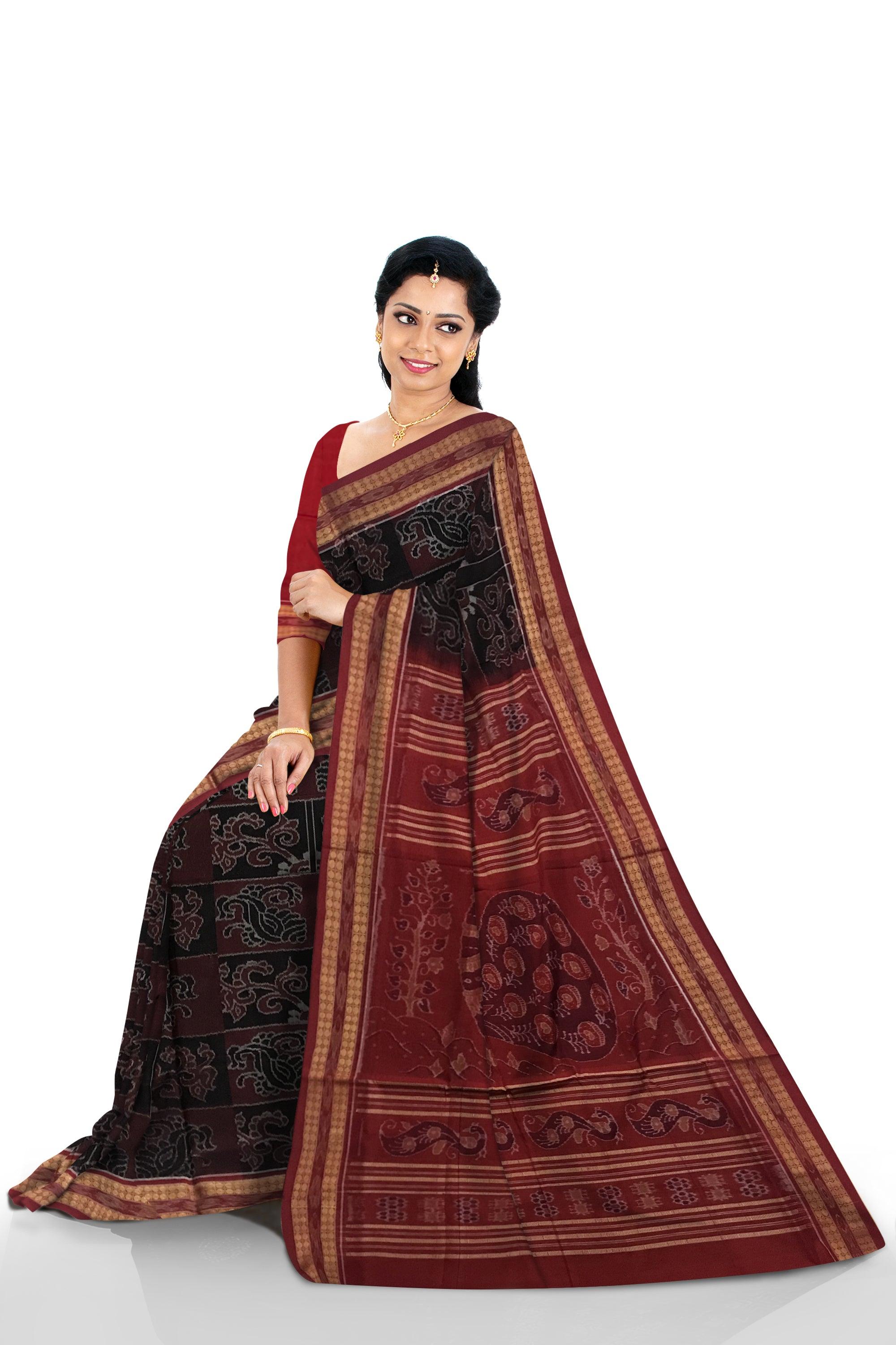 TRADITIONAL SHANKHA PATTERN DARKCOFFEE AND MAROON COLOR BASEPURE COTTON SAREE, AATACHED WITH MATCHING BLOUSE PIECE. - Koshali Arts & Crafts Enterprise