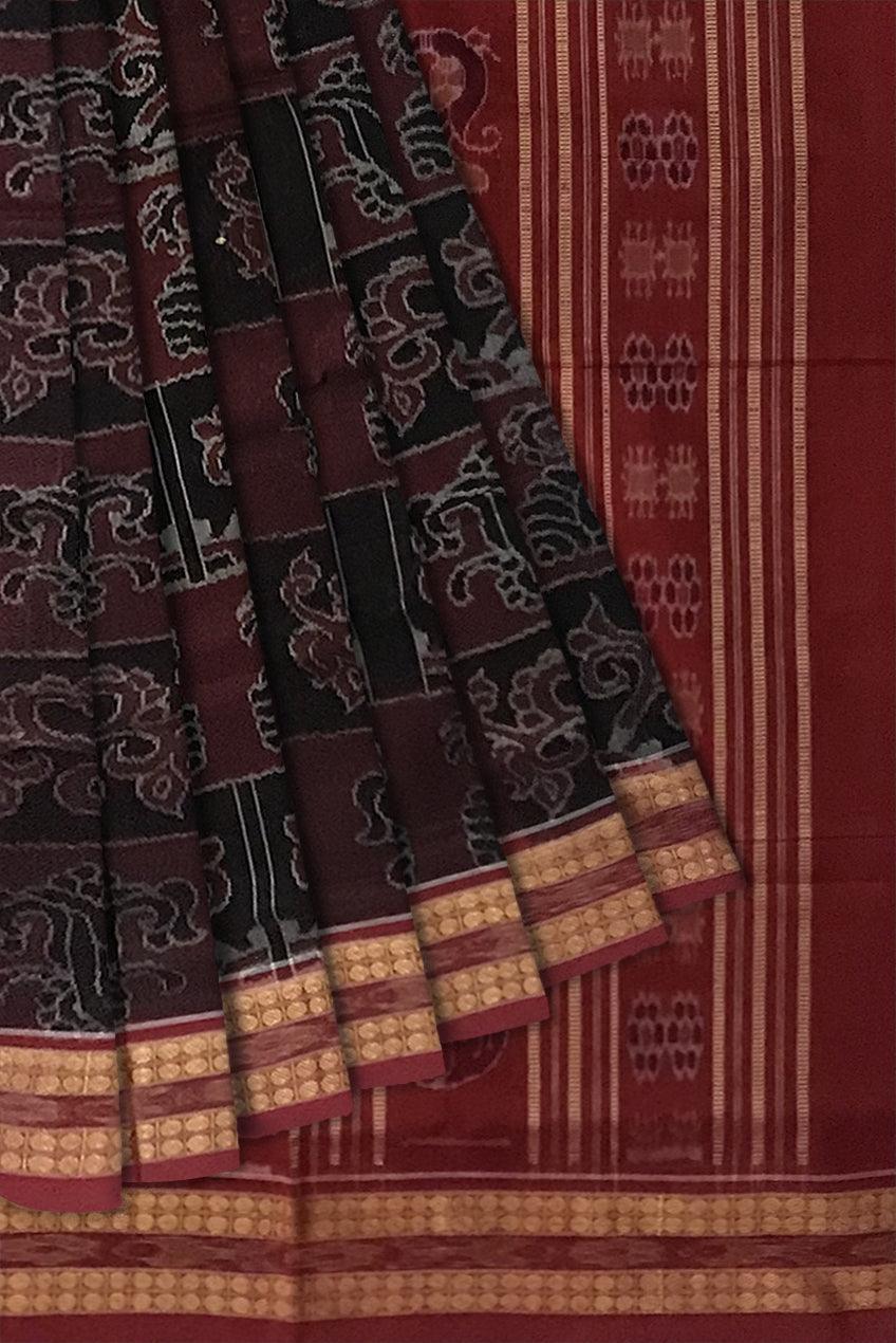 TRADITIONAL SHANKHA PATTERN DARKCOFFEE AND MAROON COLOR BASEPURE COTTON SAREE, AATACHED WITH MATCHING BLOUSE PIECE. - Koshali Arts & Crafts Enterprise