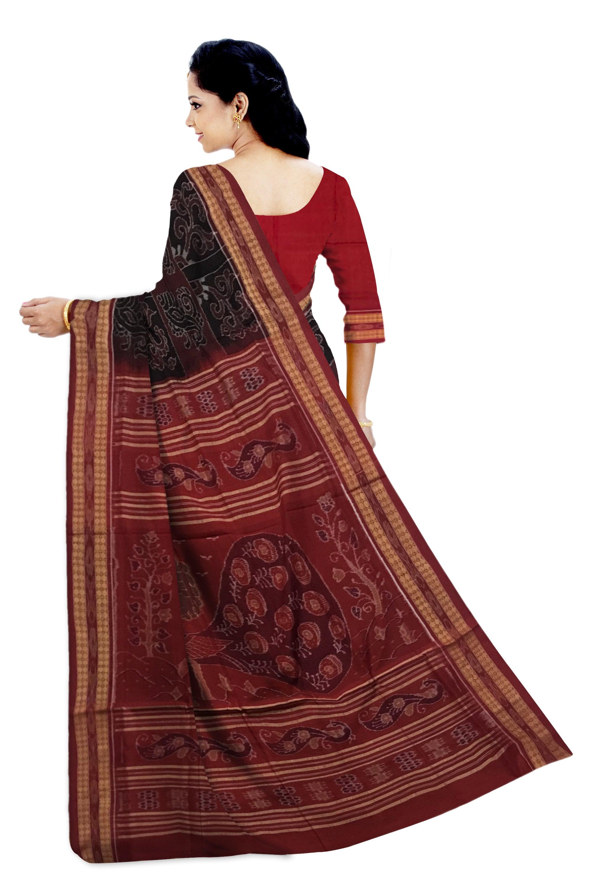 TRADITIONAL SHANKHA PATTERN DARKCOFFEE AND MAROON COLOR BASEPURE COTTON SAREE, AATACHED WITH MATCHING BLOUSE PIECE. - Koshali Arts & Crafts Enterprise