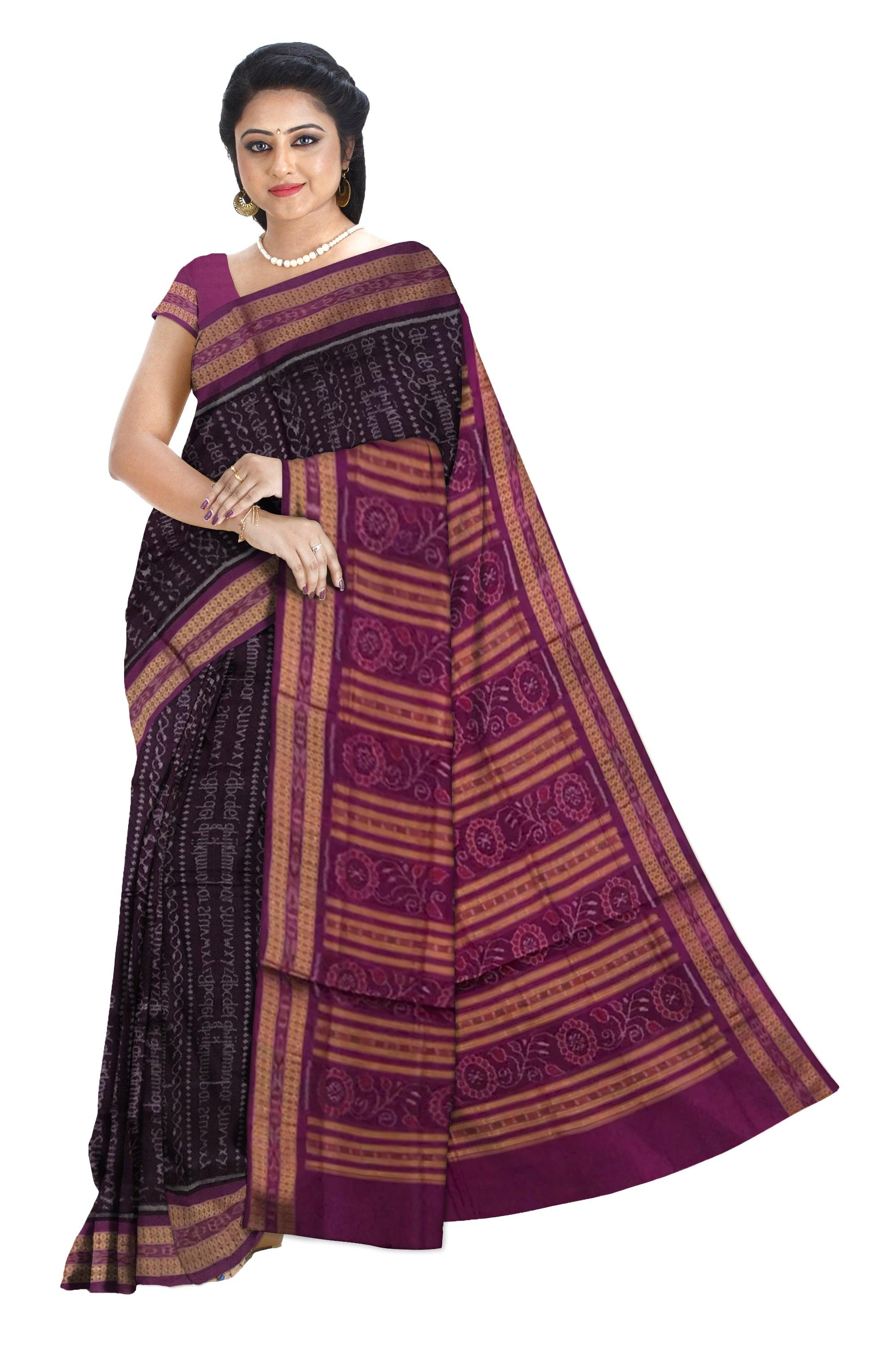 DIFFERENT LETTER PATTERN SAMBALPURI COTTON SAREE IS BLACK AND DEEPPINK COLOR BASE, COMES WITH MATCHING BLOUSE PIECE. - Koshali Arts & Crafts Enterprise