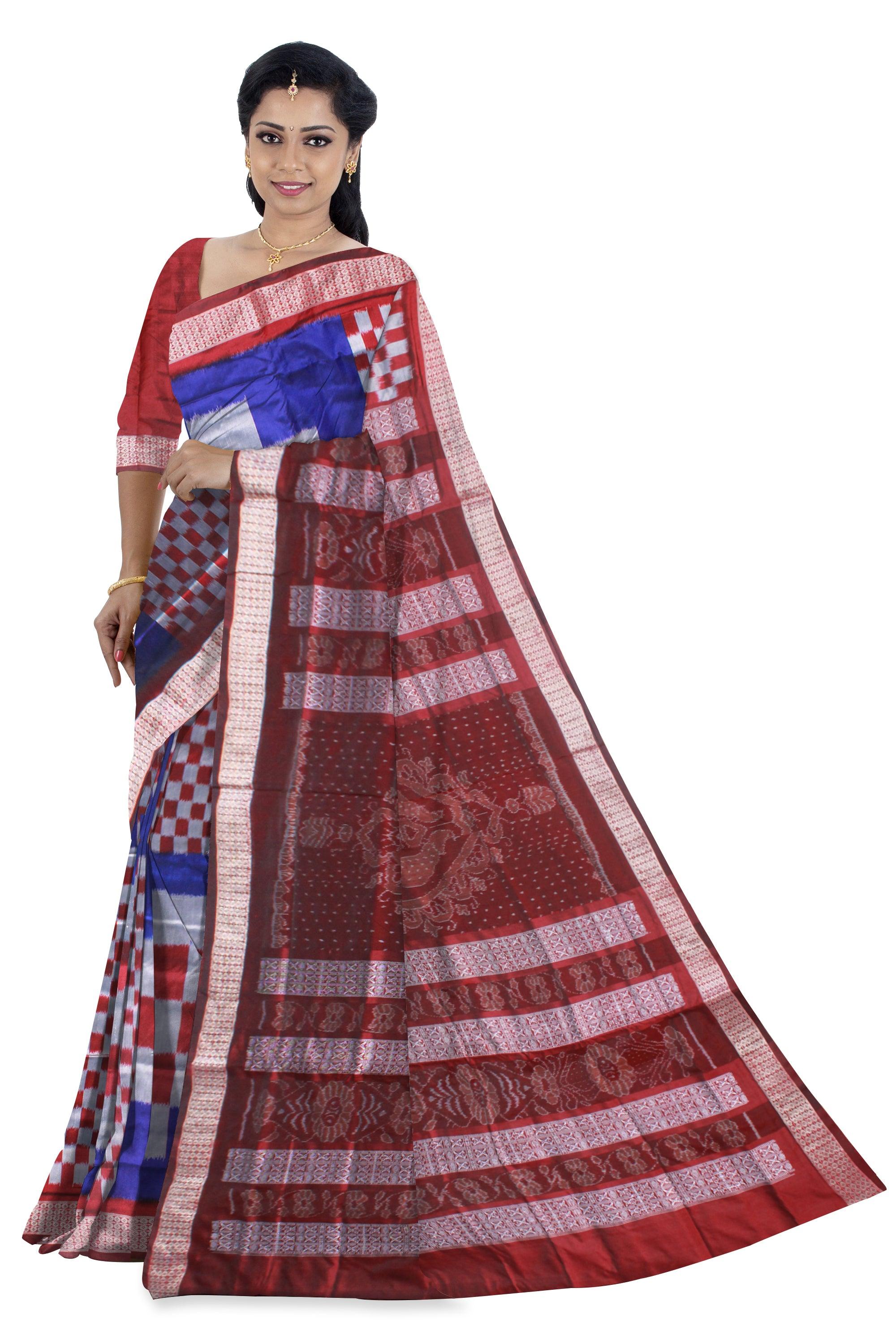FULL BODY BIG PASAPALI PATTERN PATA SAREE IS PURPLE,SILVER AND MAROON COLOR BASE. ATTACHED WITH BLOUSE PIECE. - Koshali Arts & Crafts Enterprise